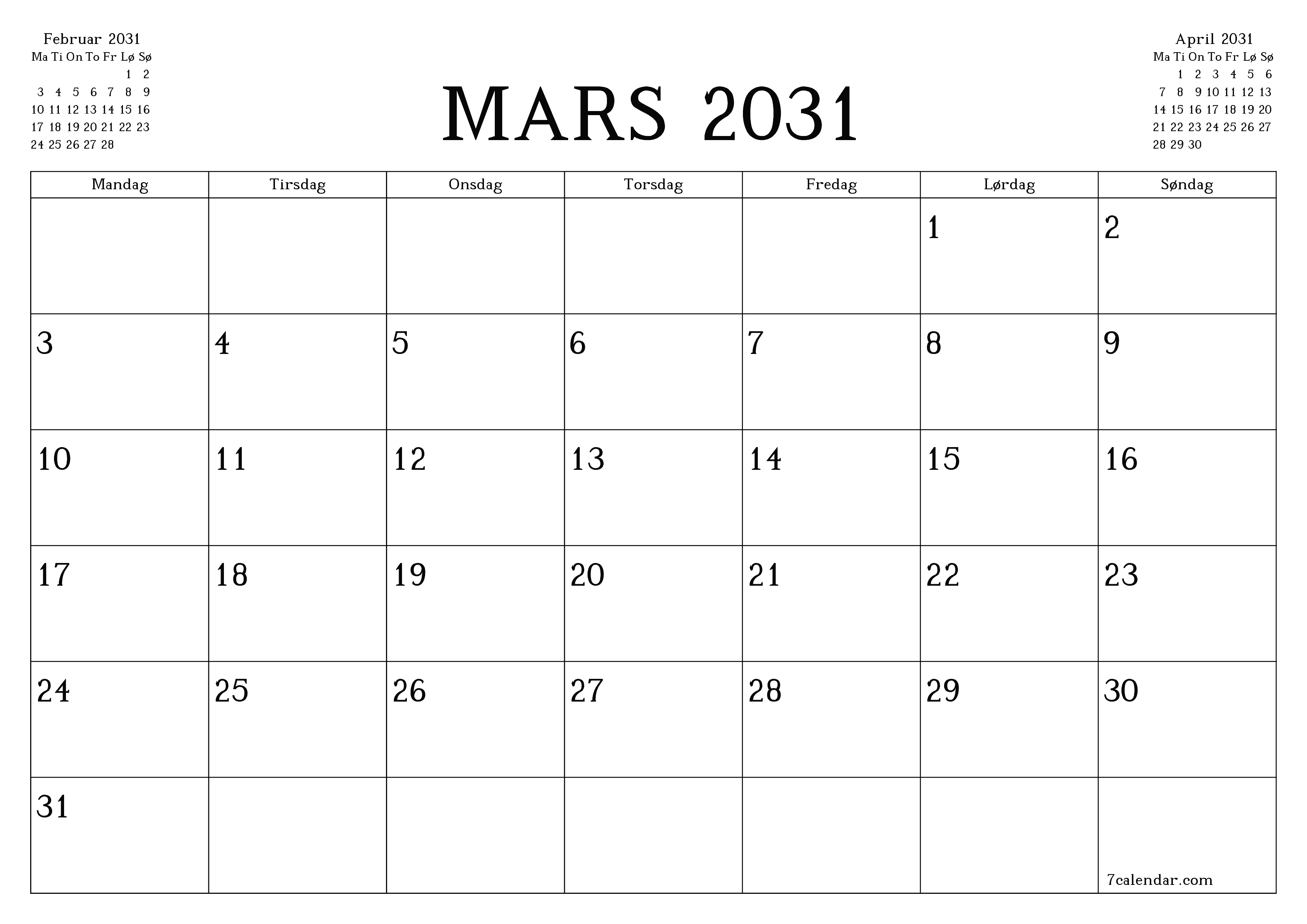 Tom månedlig planlegger for måned Mars 2031 med notater, lagre og skriv ut til PDF PNG Norwegian