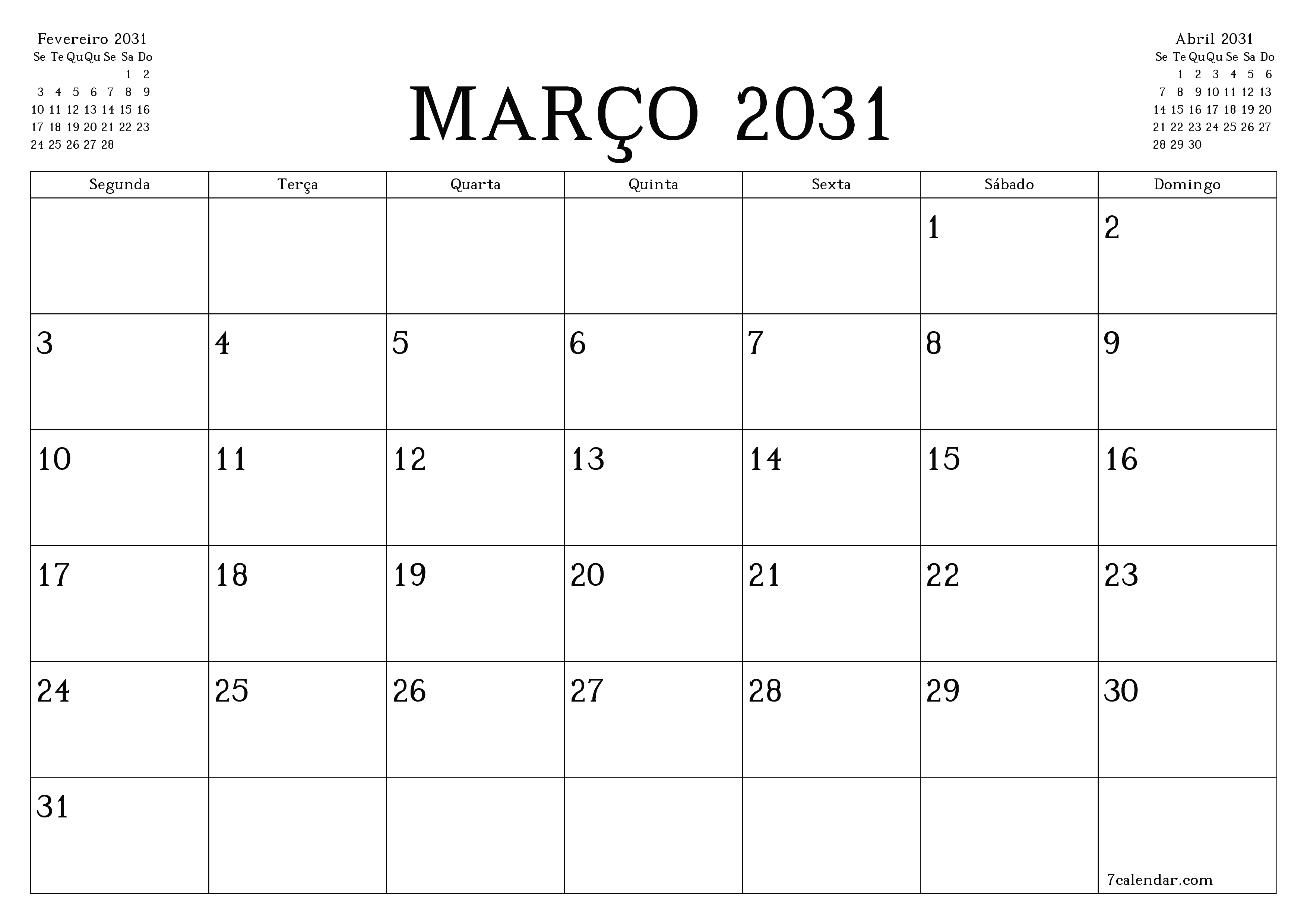 Esvazie o planejador mensal para o mês Março 2031 com notas, salve e imprima em PDF PNG Portuguese