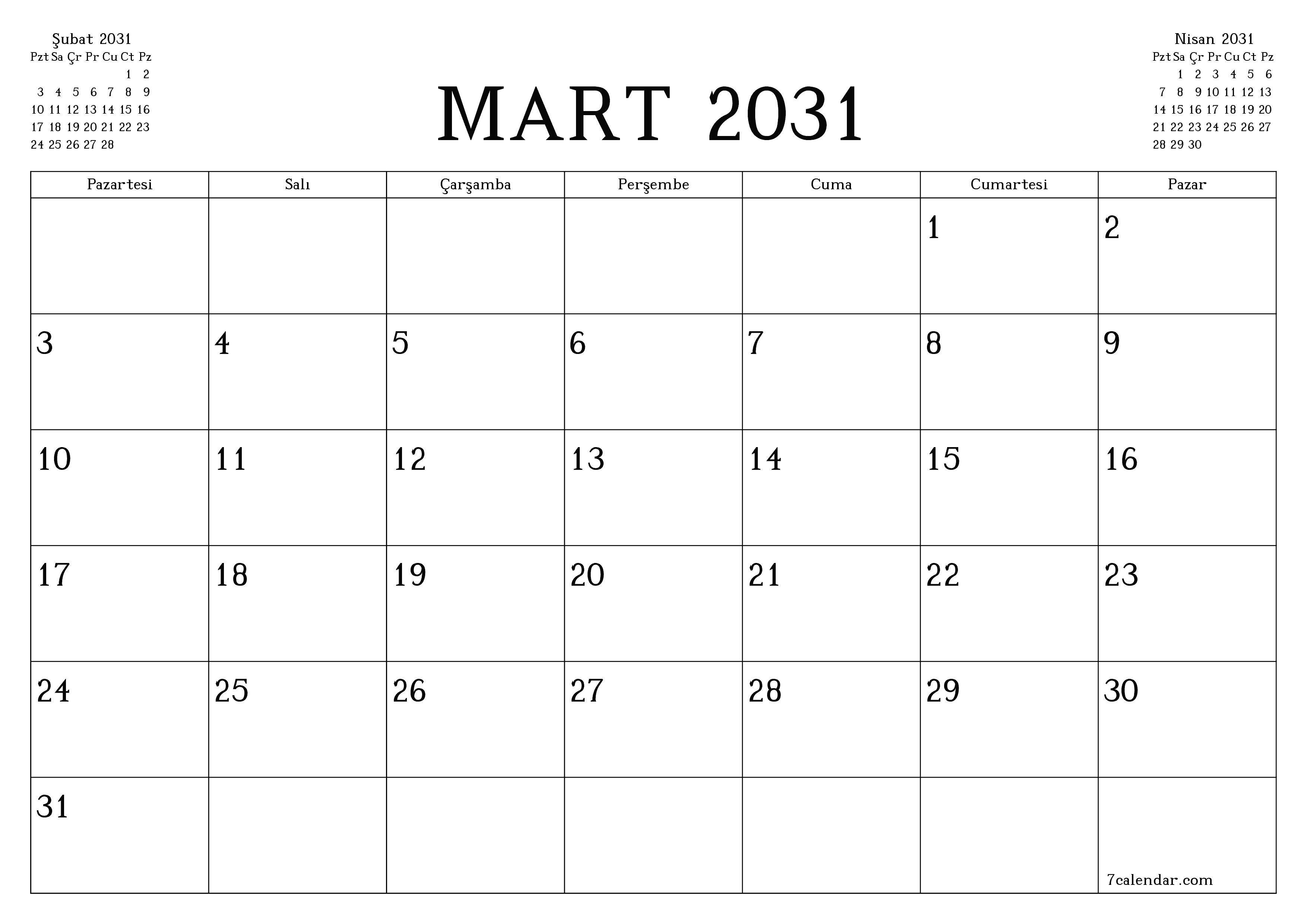 Mart 2031 ayı için notlarla birlikte boş aylık planlayıcı, kaydedin ve PDF'ye yazdırın PNG Turkish