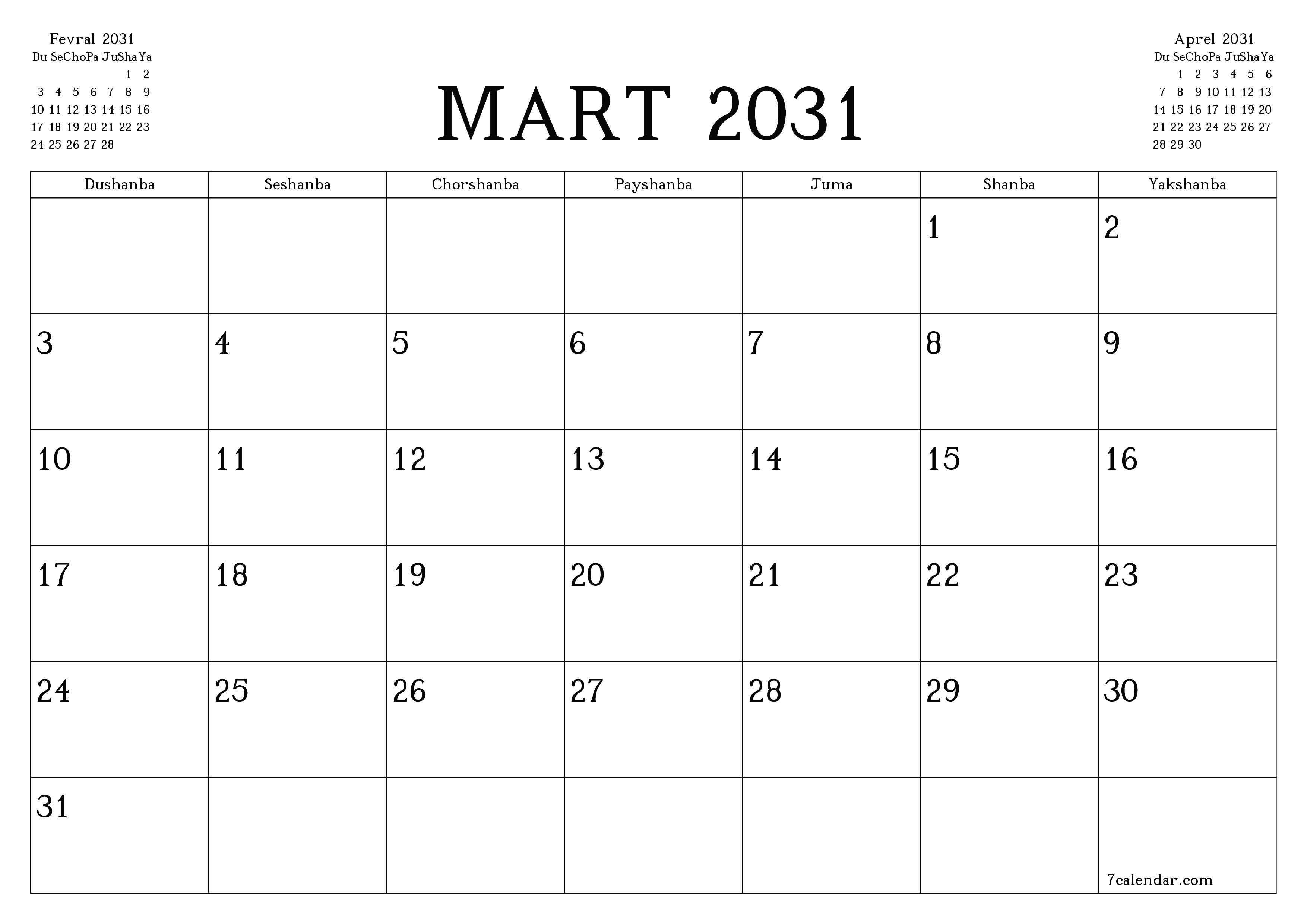 Mart 2031 oylik oylik rejalashtiruvchini yozuvlar bilan bo'shatish, saqlash va PDF-ga chop etish PNG Uzbek