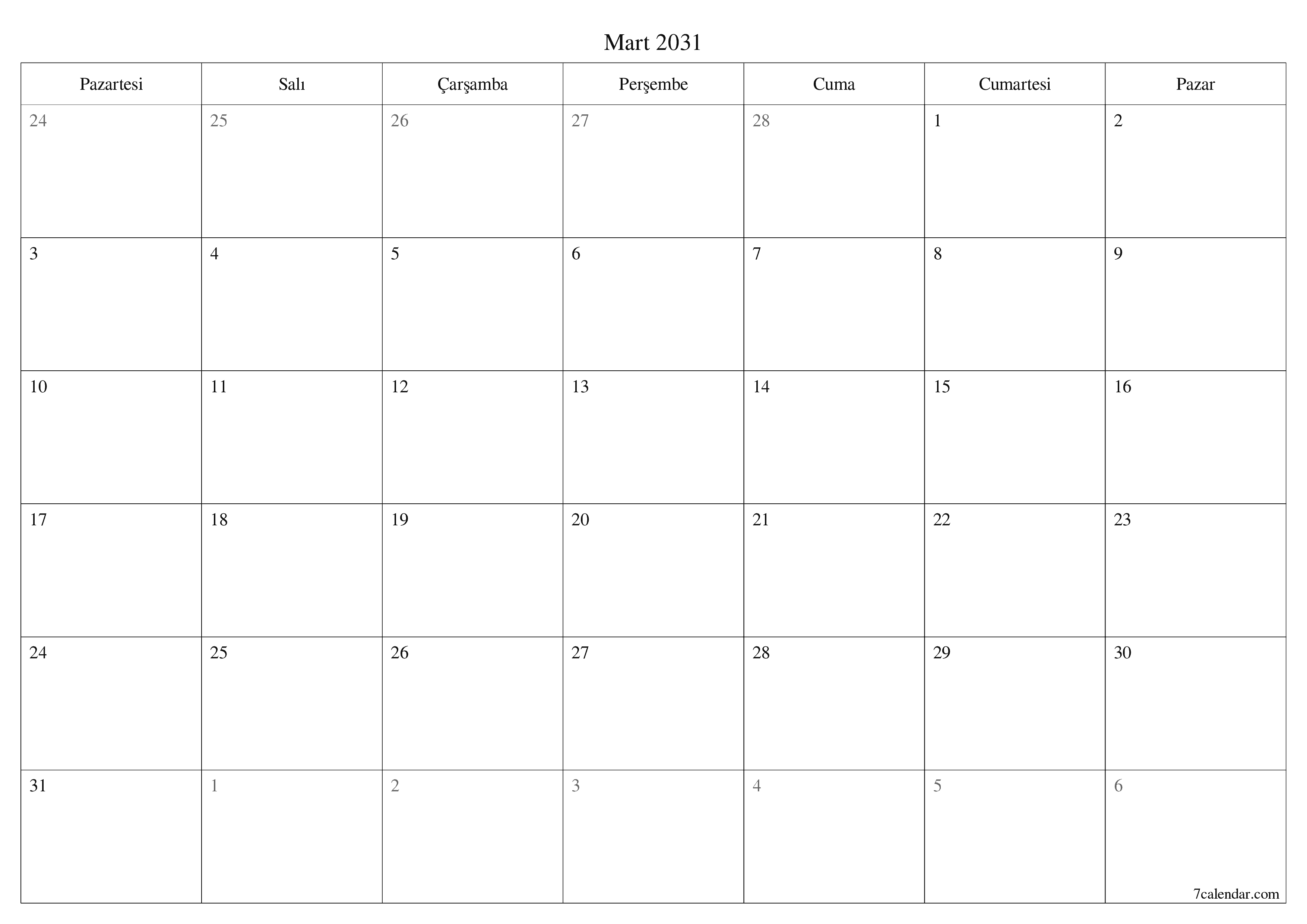 Mart 2031 ayı için notlarla birlikte boş aylık planlayıcı, kaydedin ve PDF'ye yazdırın PNG Turkish