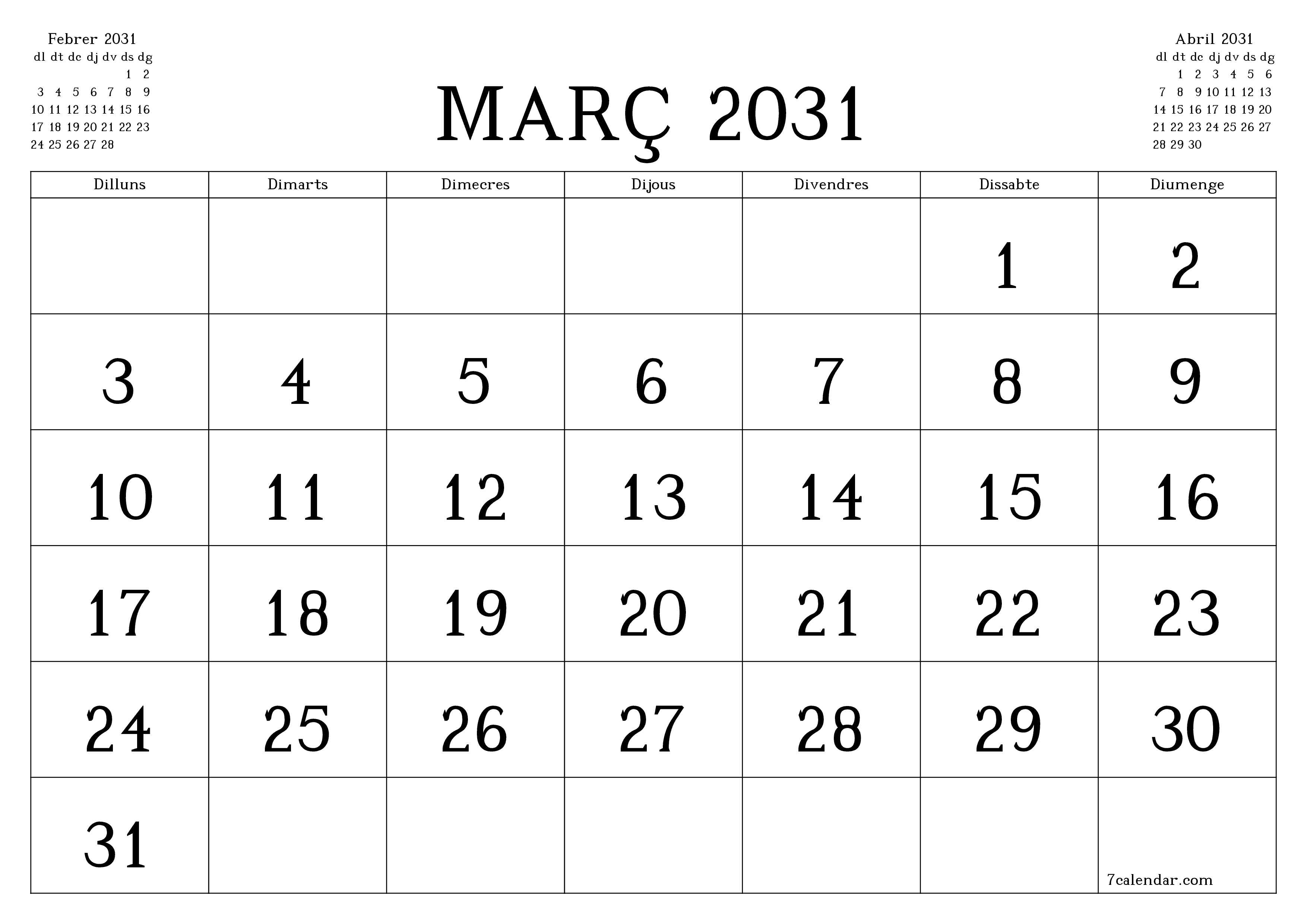 Planificador mensual buit del mes Març 2031 amb notes, deseu-lo i imprimiu-lo en format PDF PNG Catalan