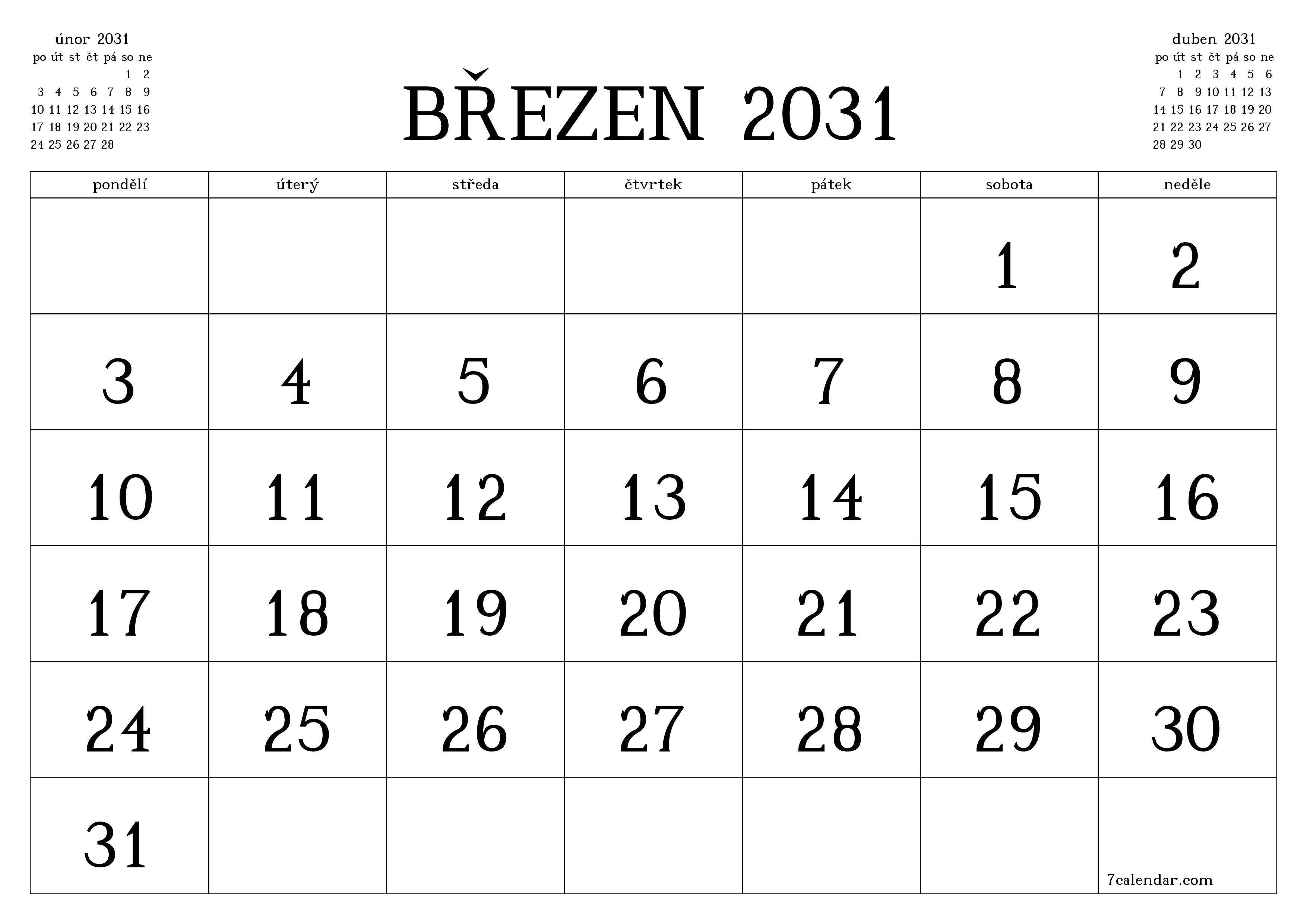 Vyprázdnit měsíční plánovač na měsíc březen 2031 s poznámkami, uložit a vytisknout do PDF PNG Czech