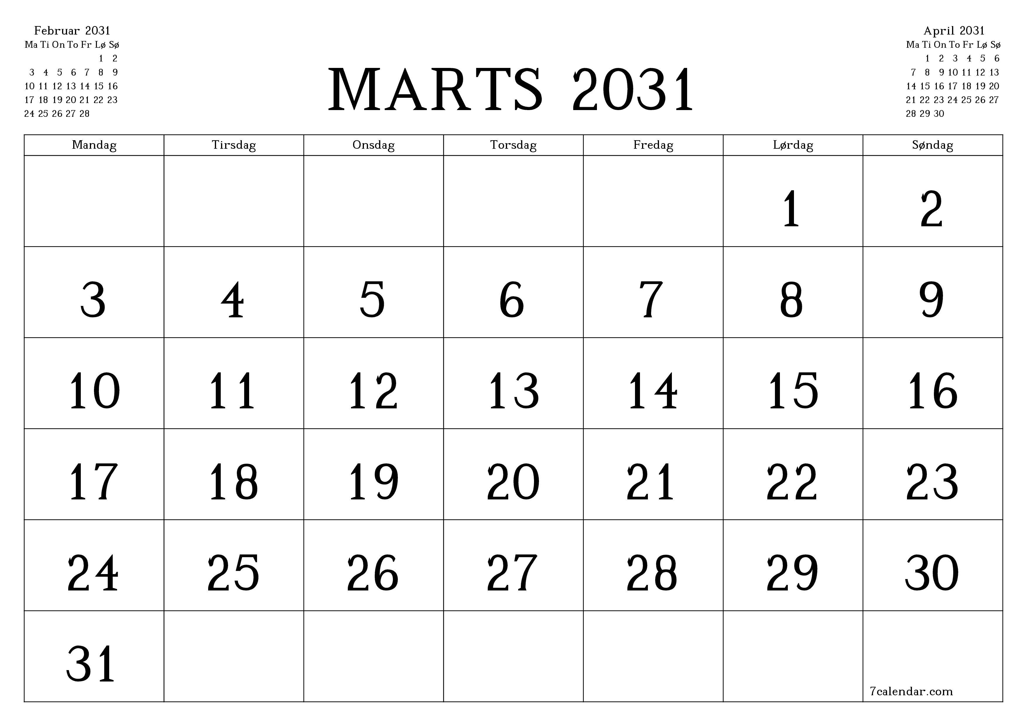Tom månedlig planlægning for måned Marts 2031 med noter, gem og udskriv til PDF PNG Danish