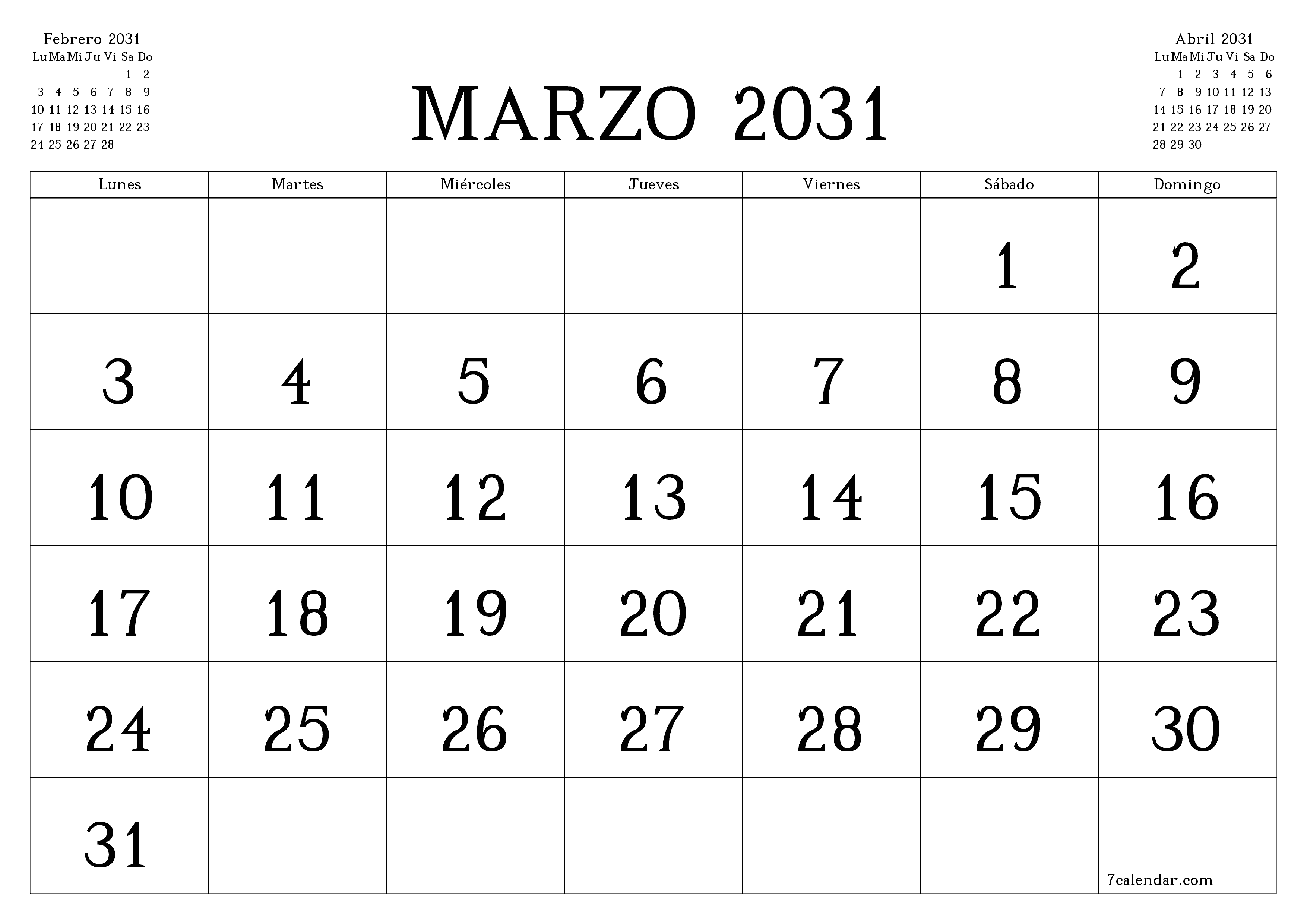 Planificador mensual vacío para el mes Marzo 2031 con notas, guardar e imprimir en PDF PNG Spanish