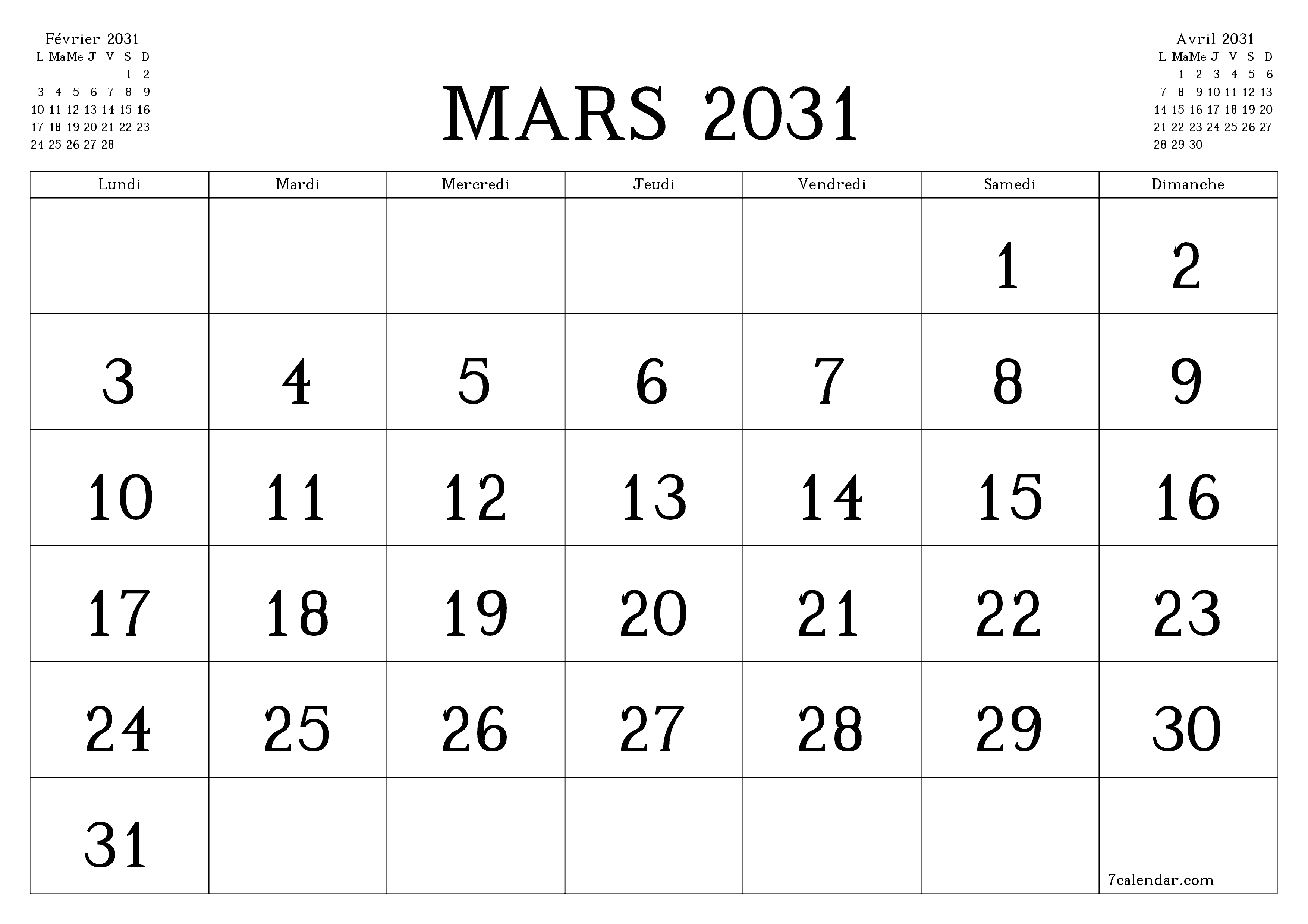 Agenda mensuel vide pour le mois Mars 2031 avec notes, enregistrez et imprimez au format PDF PNG French