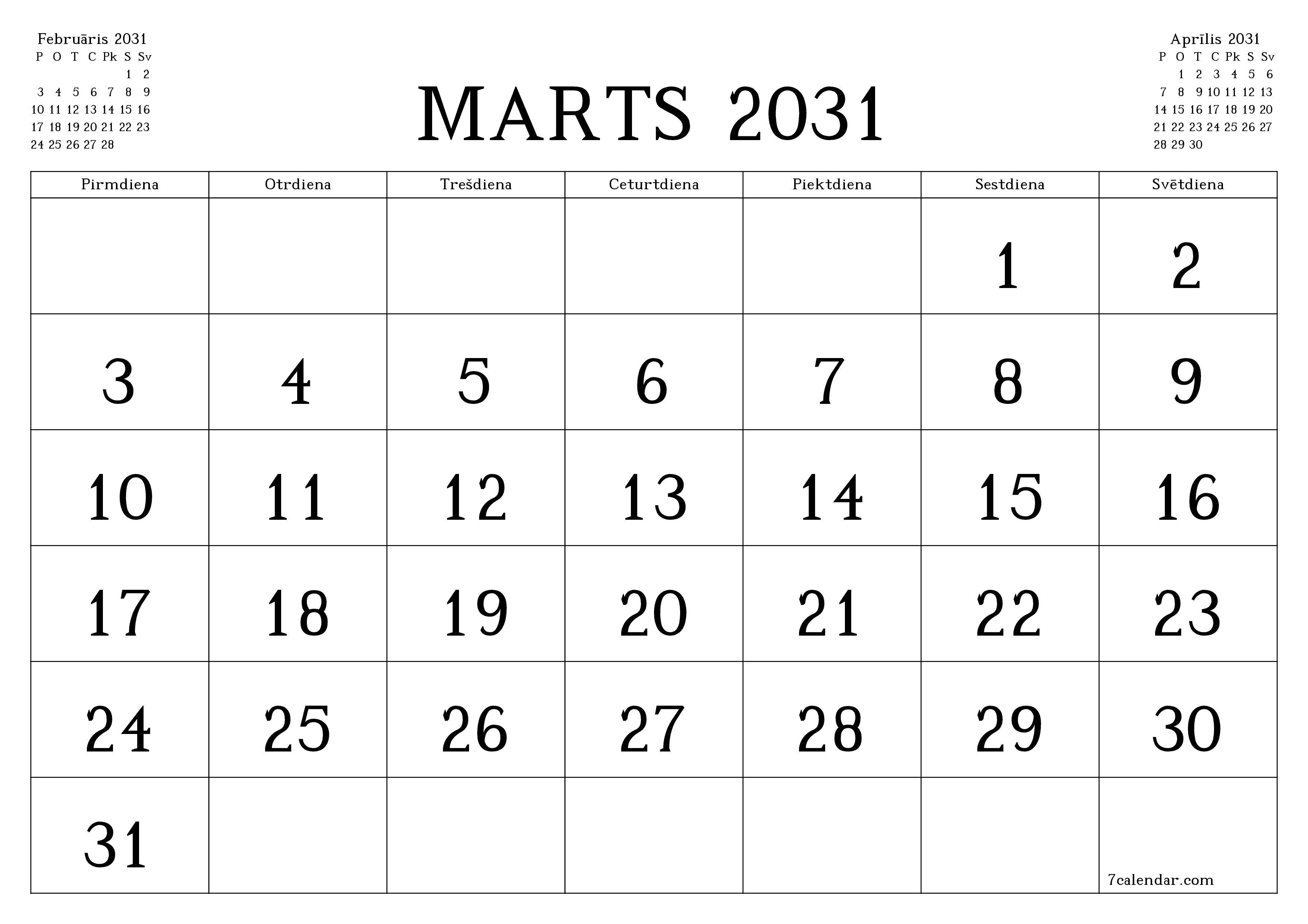 Iztukšot mēneša plānotāju mēnesim Marts 2031 ar piezīmēm, saglabāt un izdrukāt PDF formātā PNG Latvian