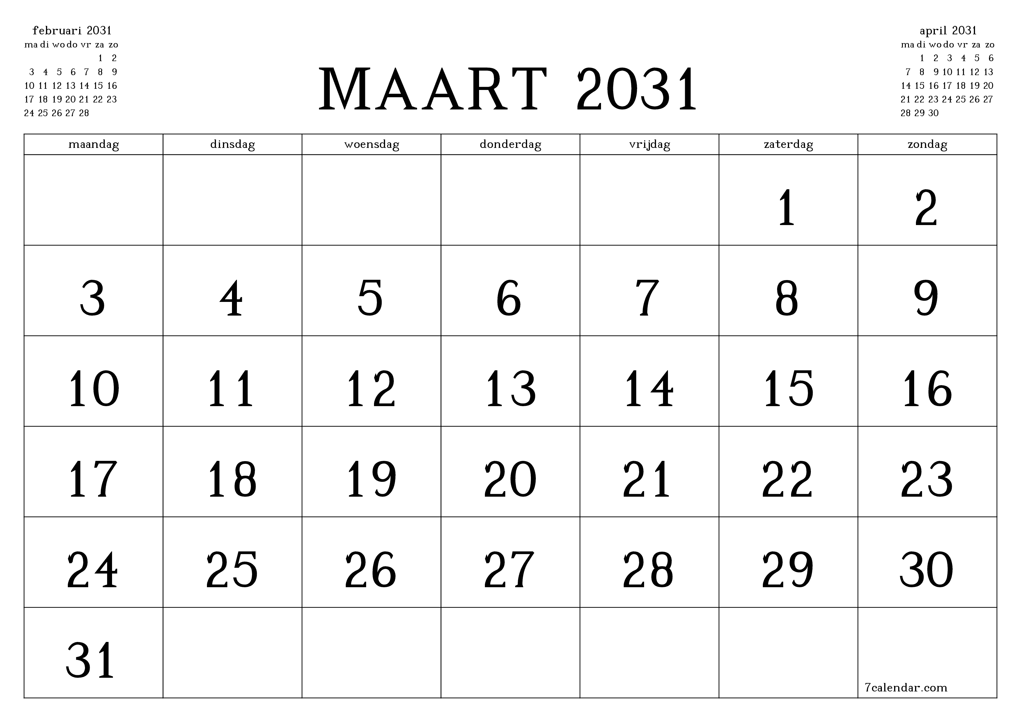 Lege maandplanner voor maand maart 2031 met notities, opslaan en afdrukken naar pdf PNG Dutch
