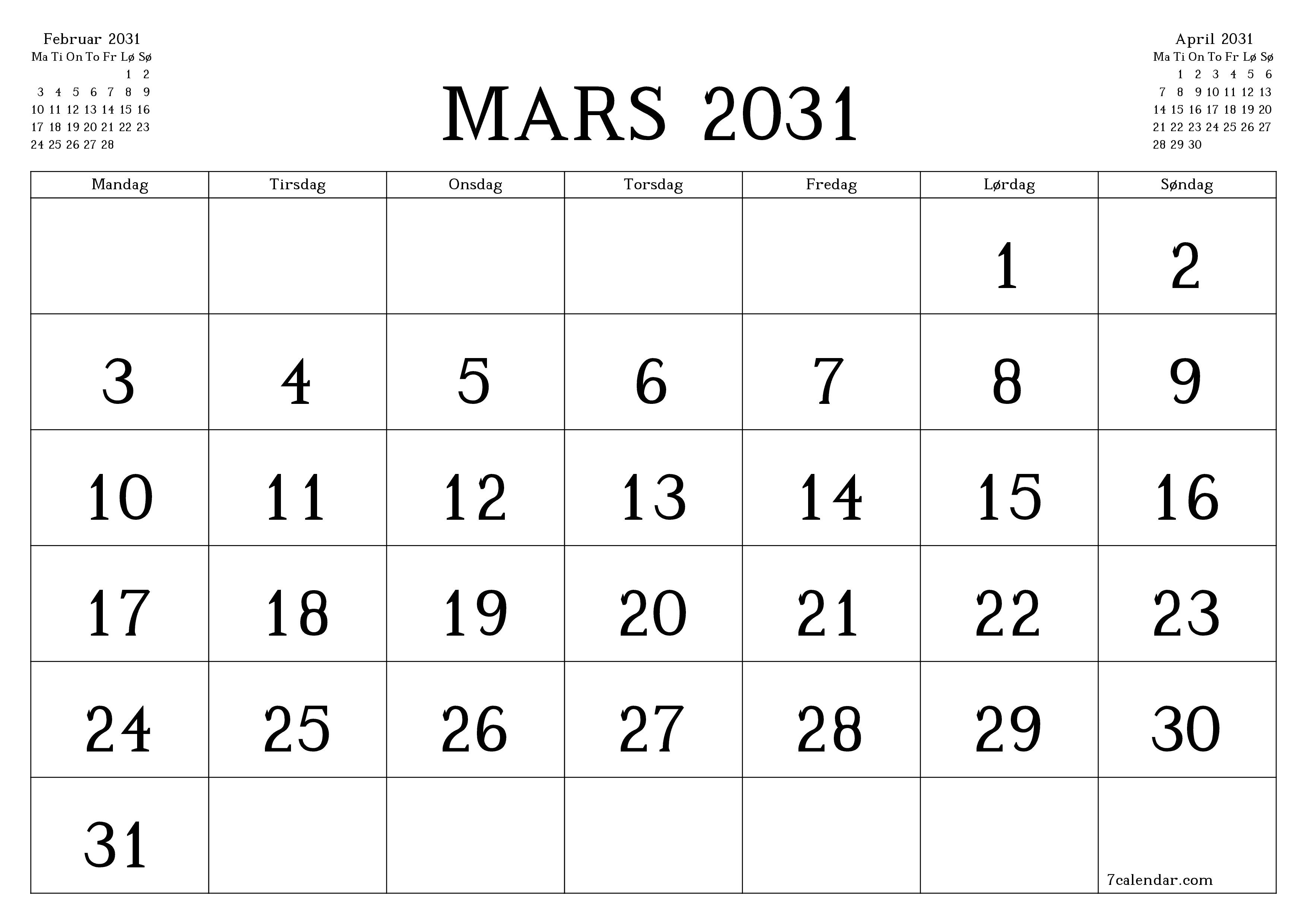 Tom månedlig planlegger for måned Mars 2031 med notater, lagre og skriv ut til PDF PNG Norwegian