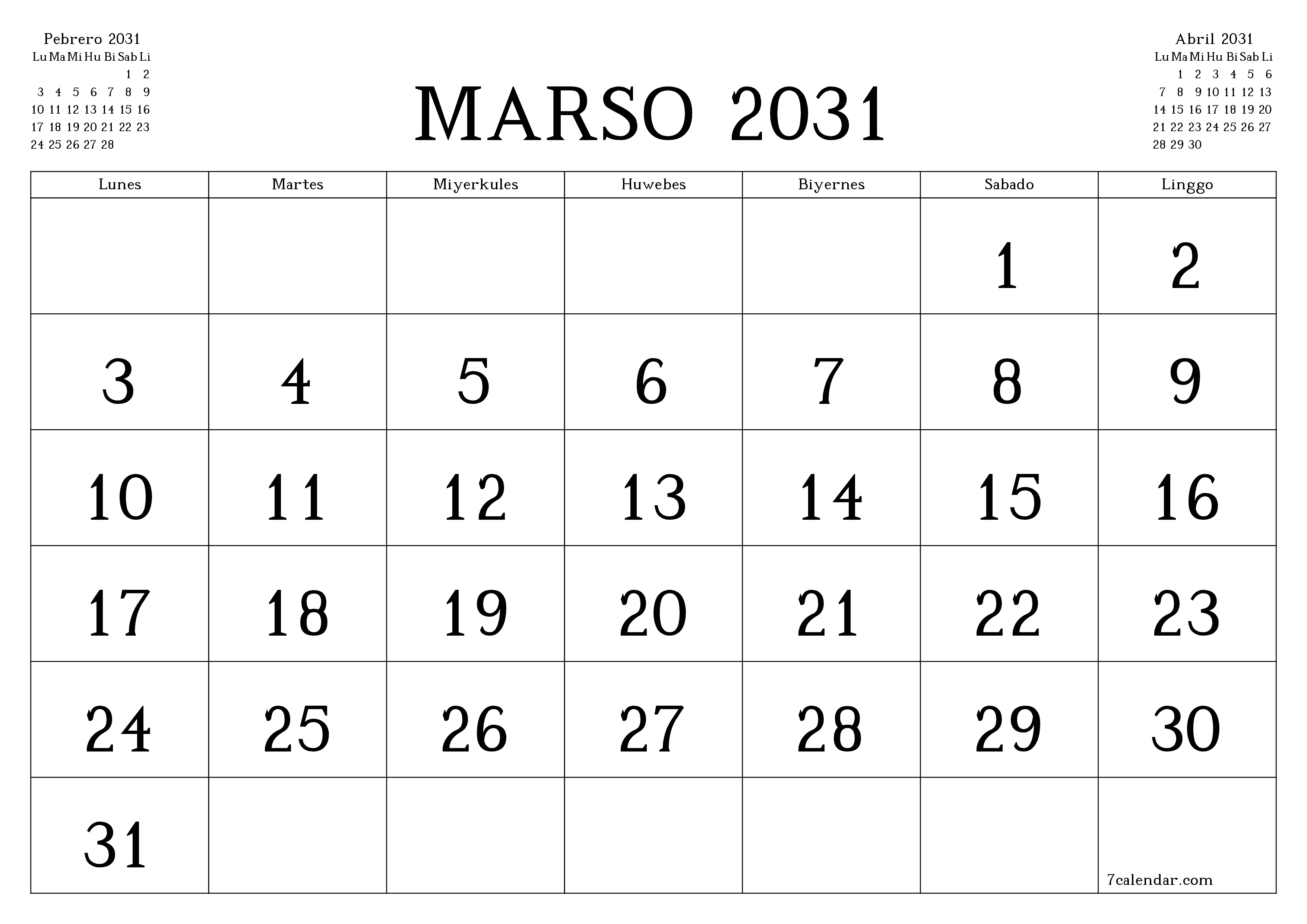 Walang laman na buwanang tagaplano para sa buwan na Marso 2031 na may mga tala, i-save at i-print sa PDF PNG Filipino