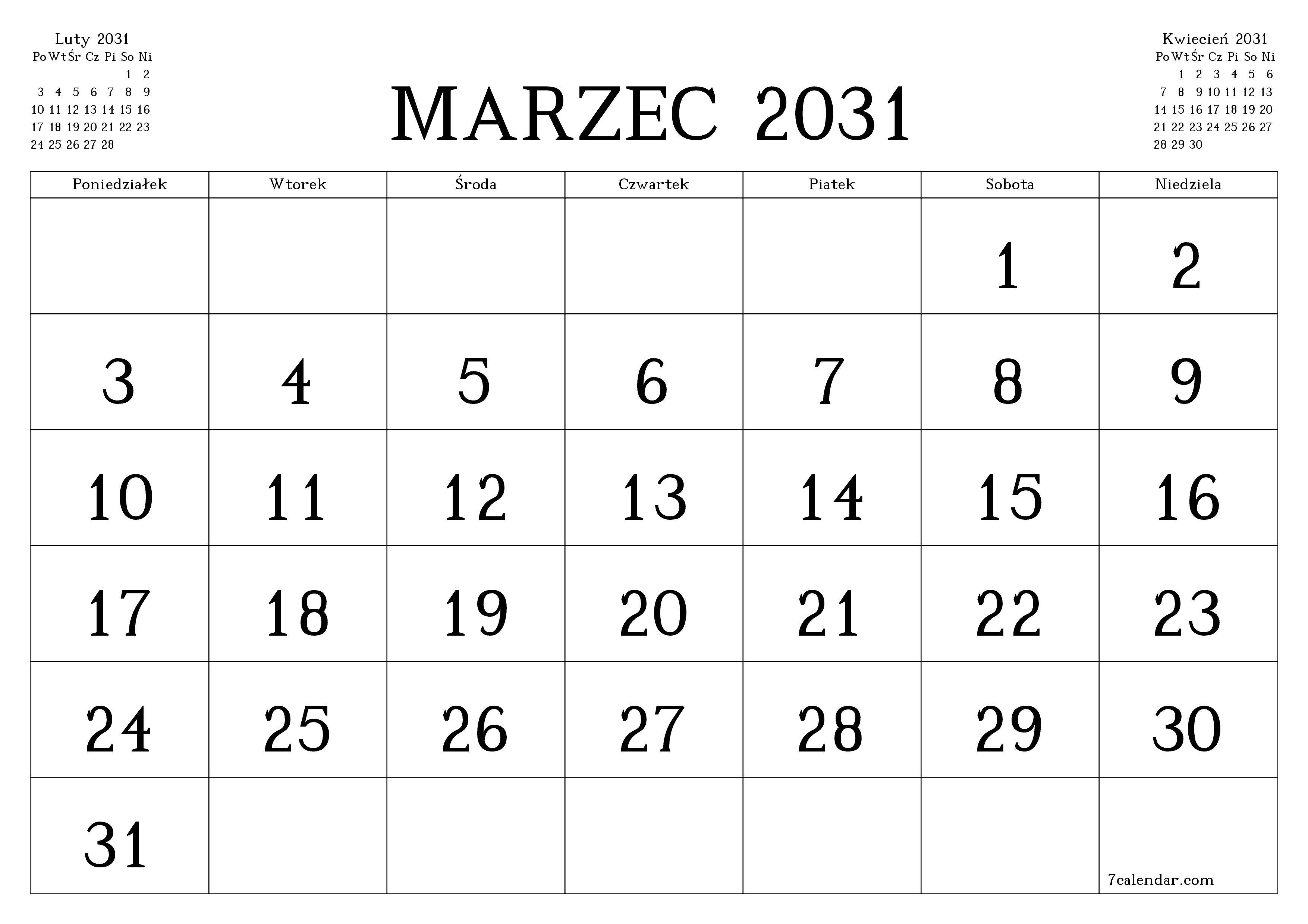 Opróżnij miesięczny planer na miesiąc Marzec 2031 z notatkami, zapisz i wydrukuj w formacie PDF PNG Polish