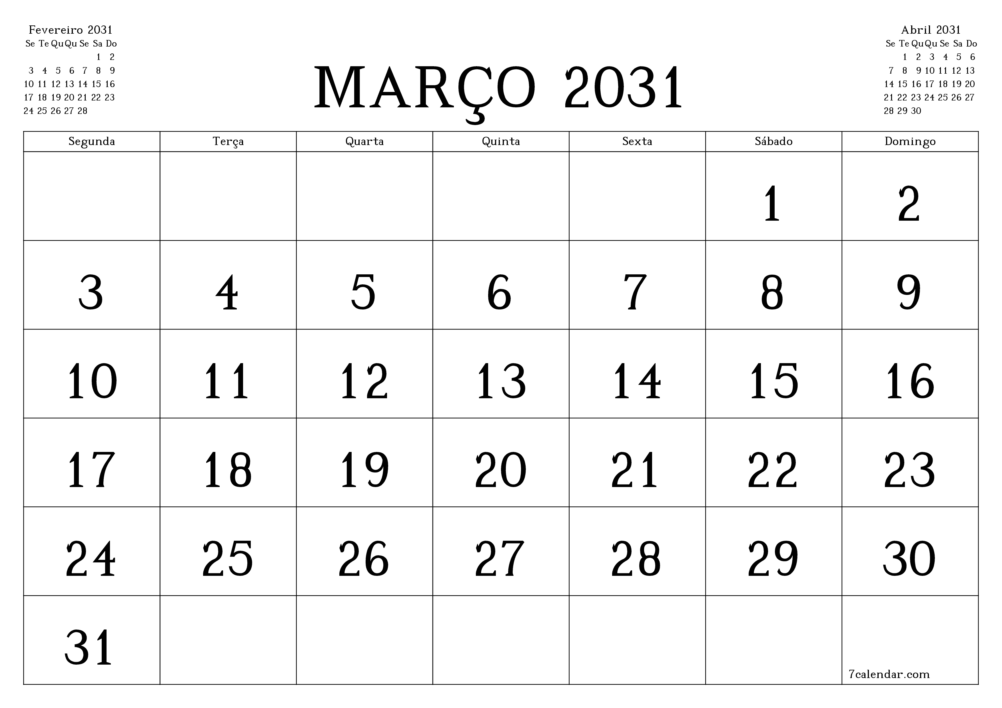 Esvazie o planejador mensal para o mês Março 2031 com notas, salve e imprima em PDF PNG Portuguese