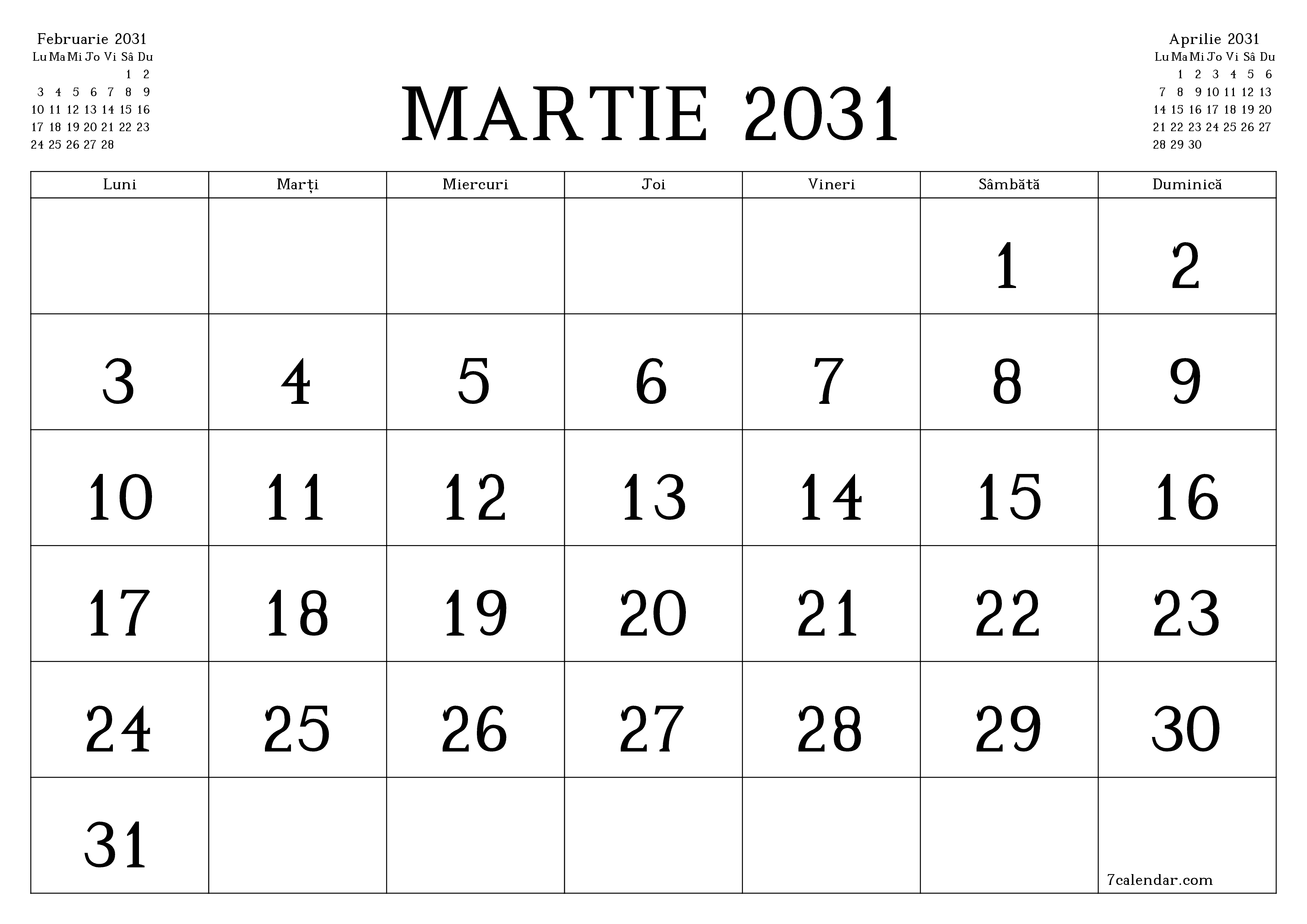 Planificator lunar gol pentru luna Martie 2031 cu note, salvați și tipăriți în PDF PNG Romanian