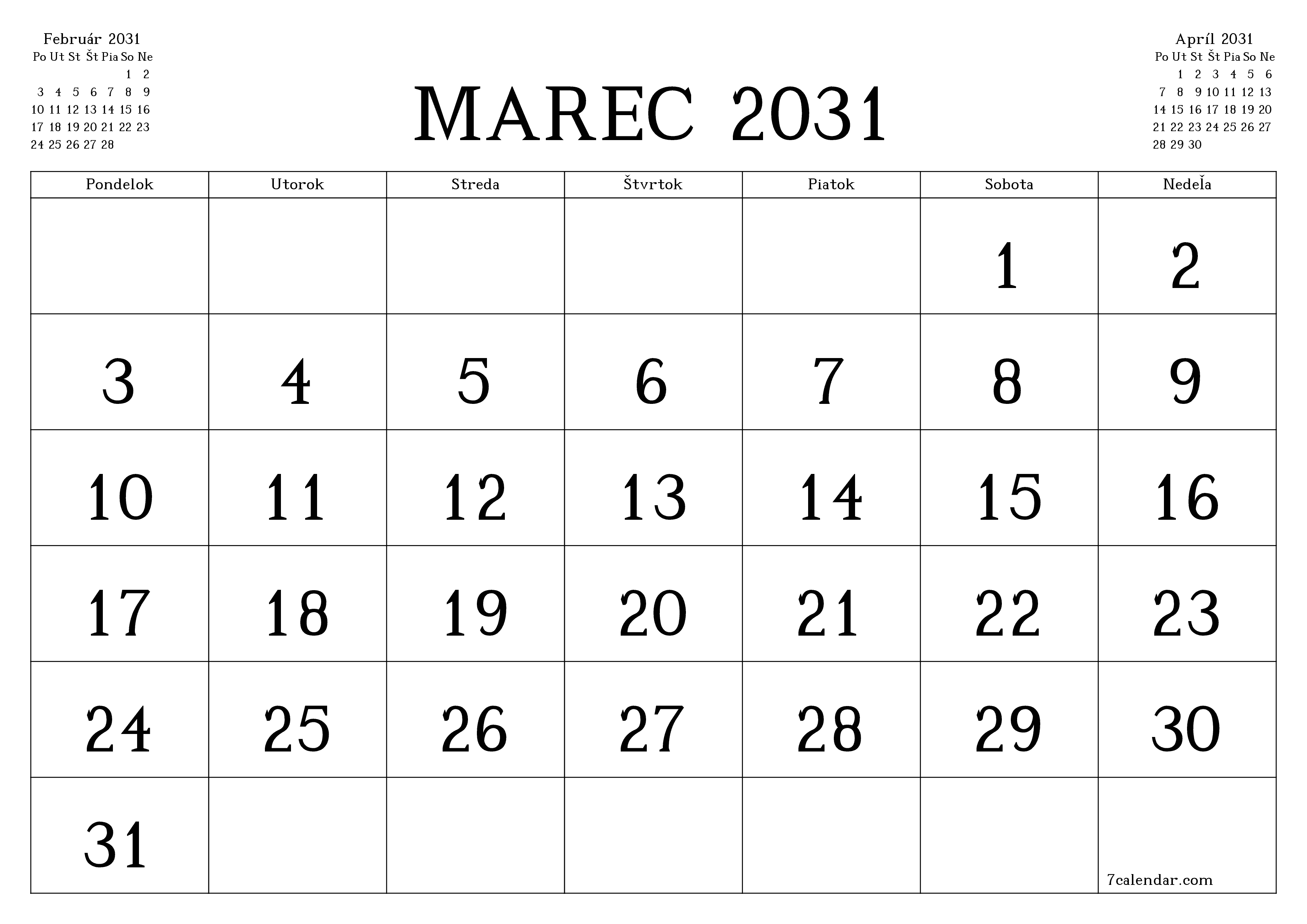 Prázdny mesačný plánovač na mesiac Marec 2031 s poznámkami, uloženie a tlač do PDF PNG Slovak