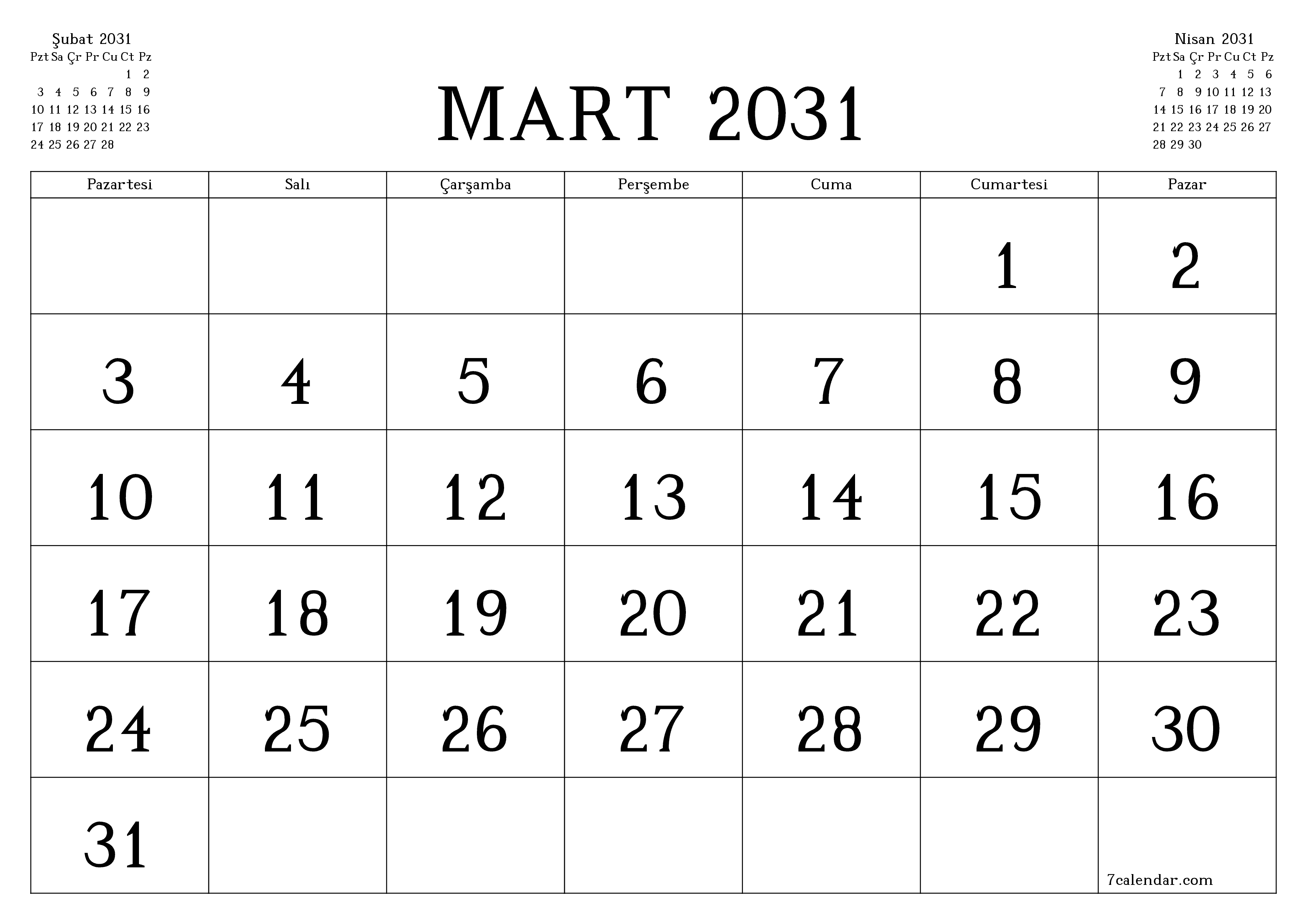 Mart 2031 ayı için notlarla birlikte boş aylık planlayıcı, kaydedin ve PDF'ye yazdırın PNG Turkish