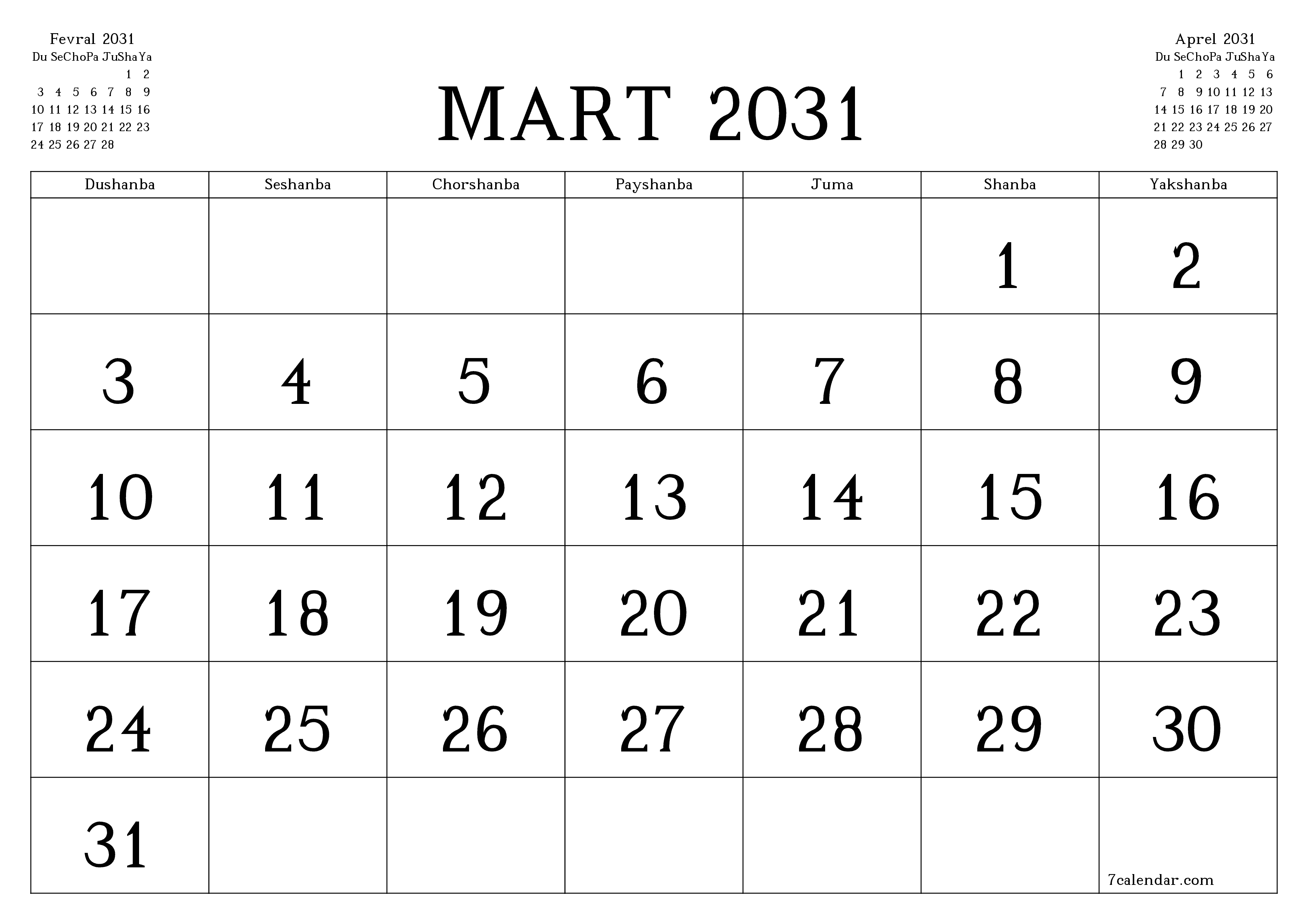 Mart 2031 oylik oylik rejalashtiruvchini yozuvlar bilan bo'shatish, saqlash va PDF-ga chop etish PNG Uzbek