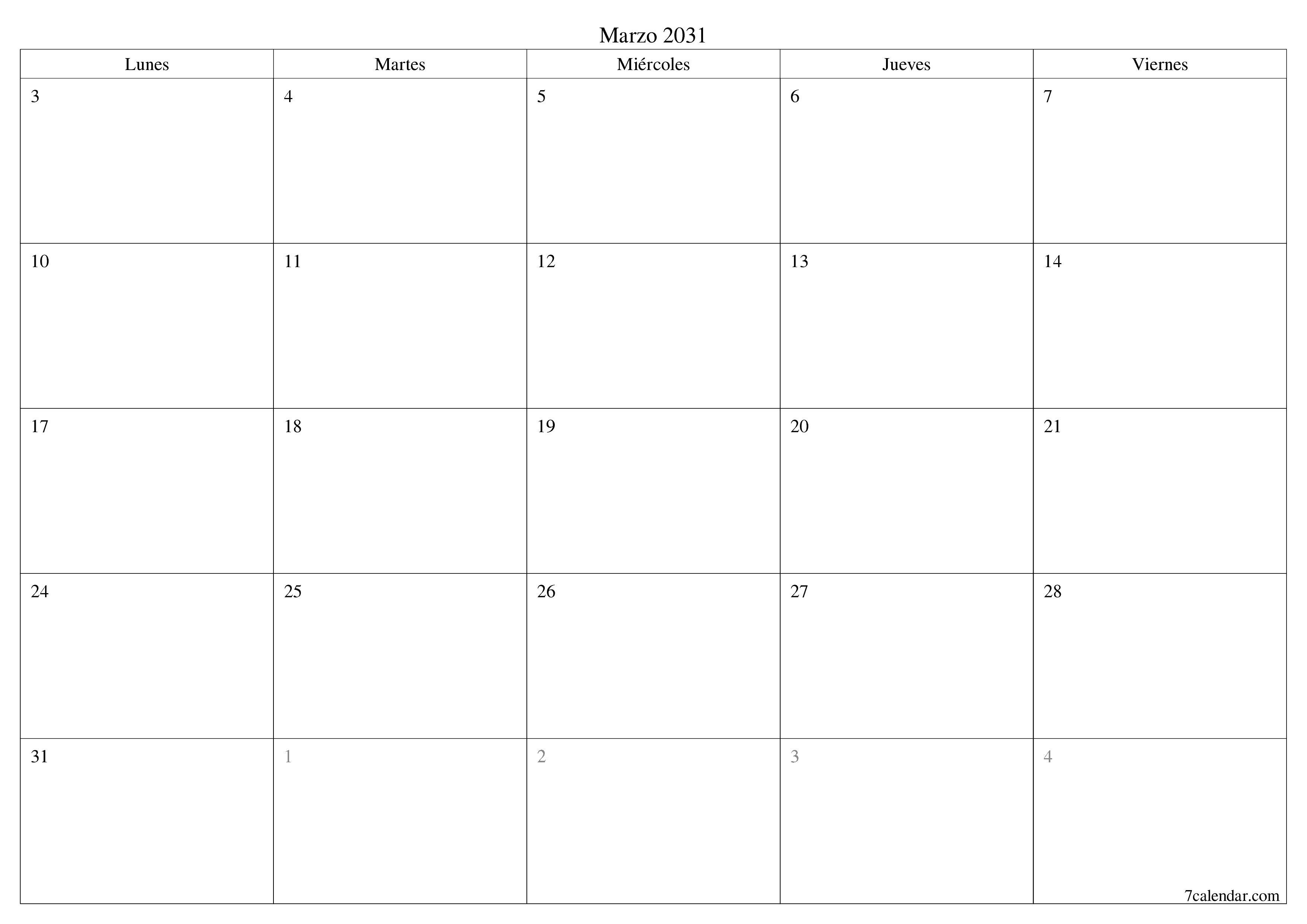 Planificador mensual vacío para el mes Marzo 2031 con notas, guardar e imprimir en PDF PNG Spanish