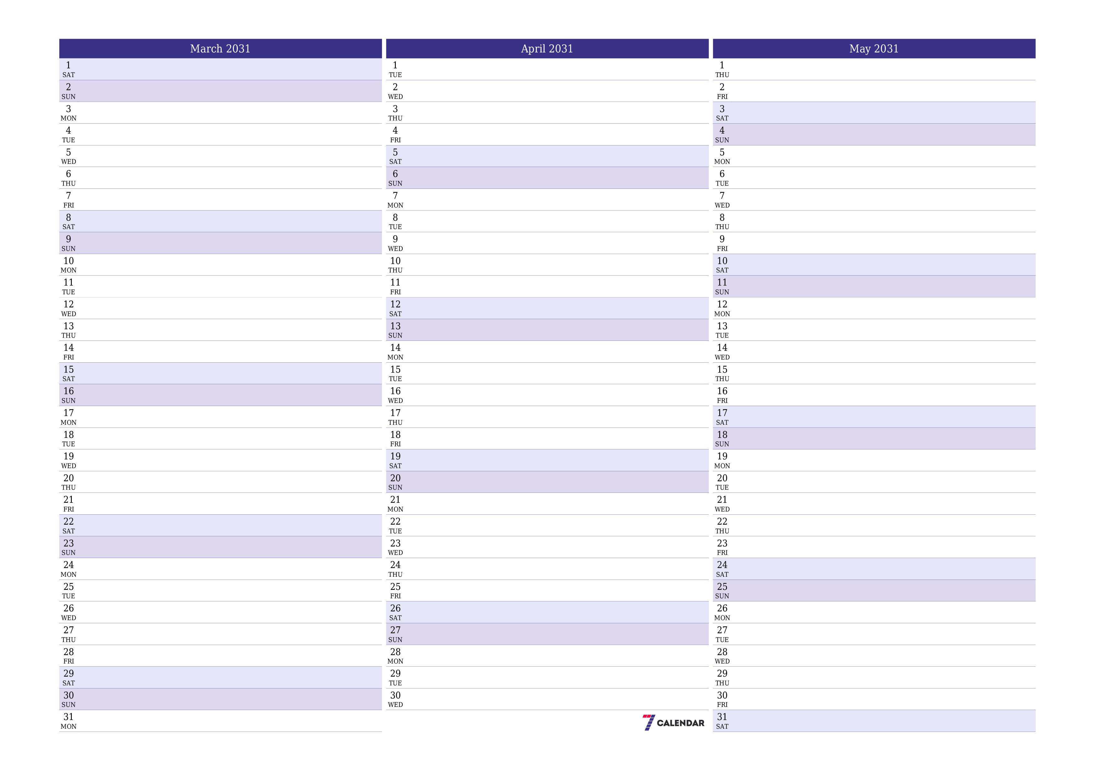 Blank calendar March 2031