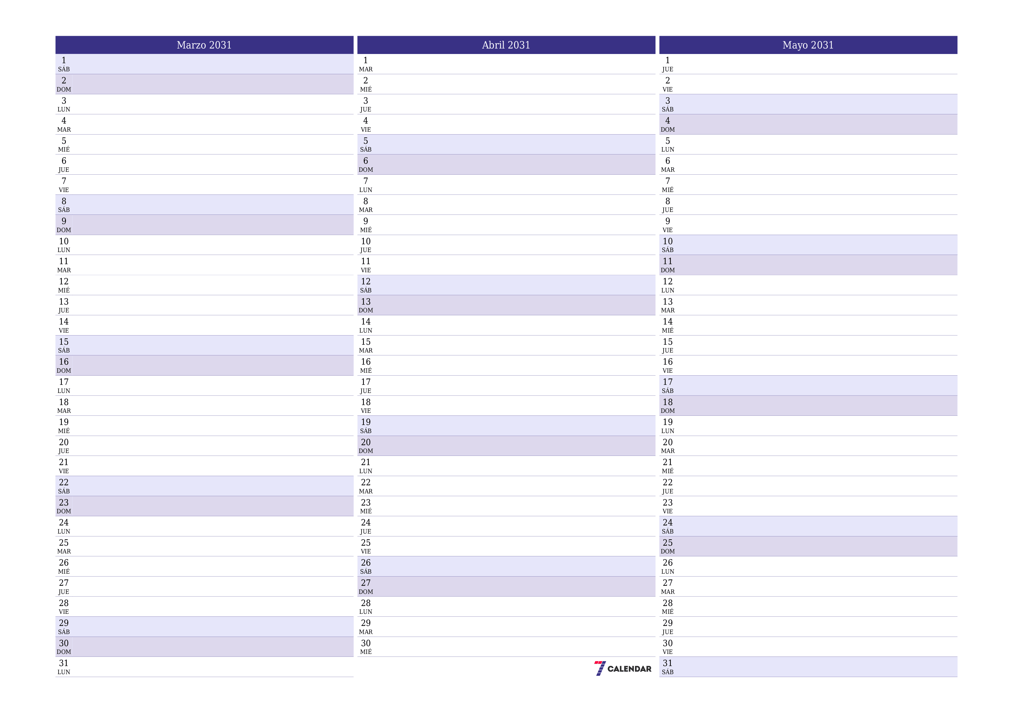 Planificador mensual vacío para el mes Marzo 2031 con notas, guardar e imprimir en PDF PNG Spanish