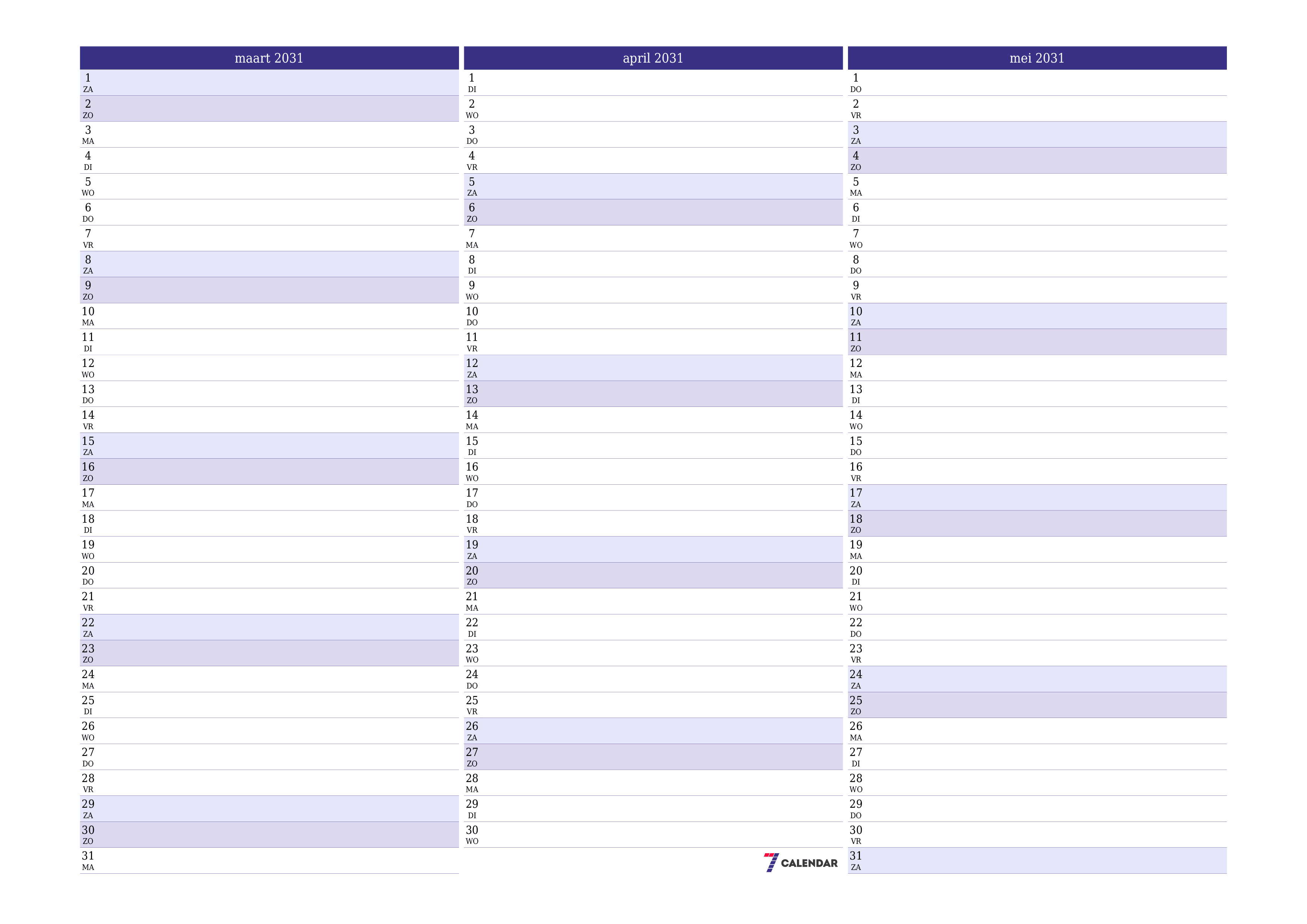 Lege maandplanner voor maand maart 2031 met notities, opslaan en afdrukken naar pdf PNG Dutch