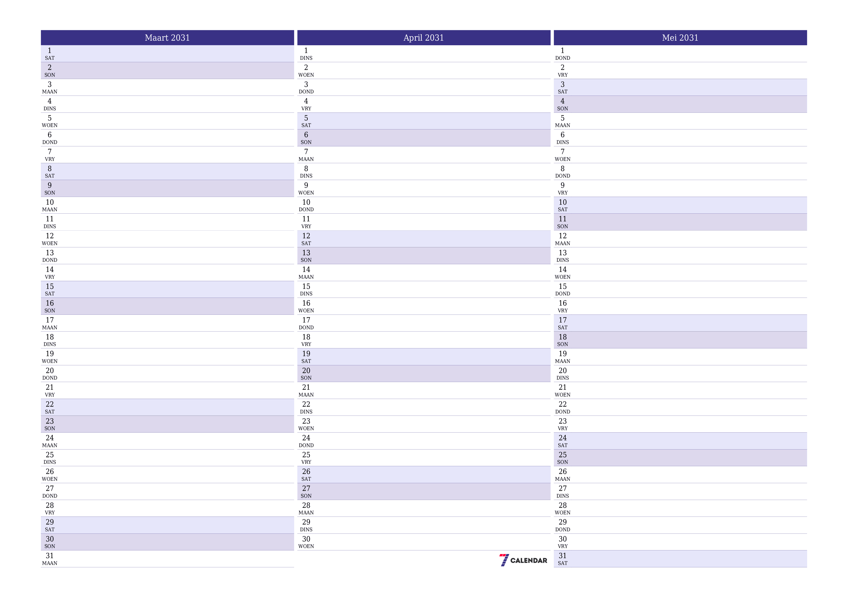 Leë maandelikse drukbare kalender en beplanner vir maand Maart 2031 met notas stoor en druk na PDF PNG Afrikaans