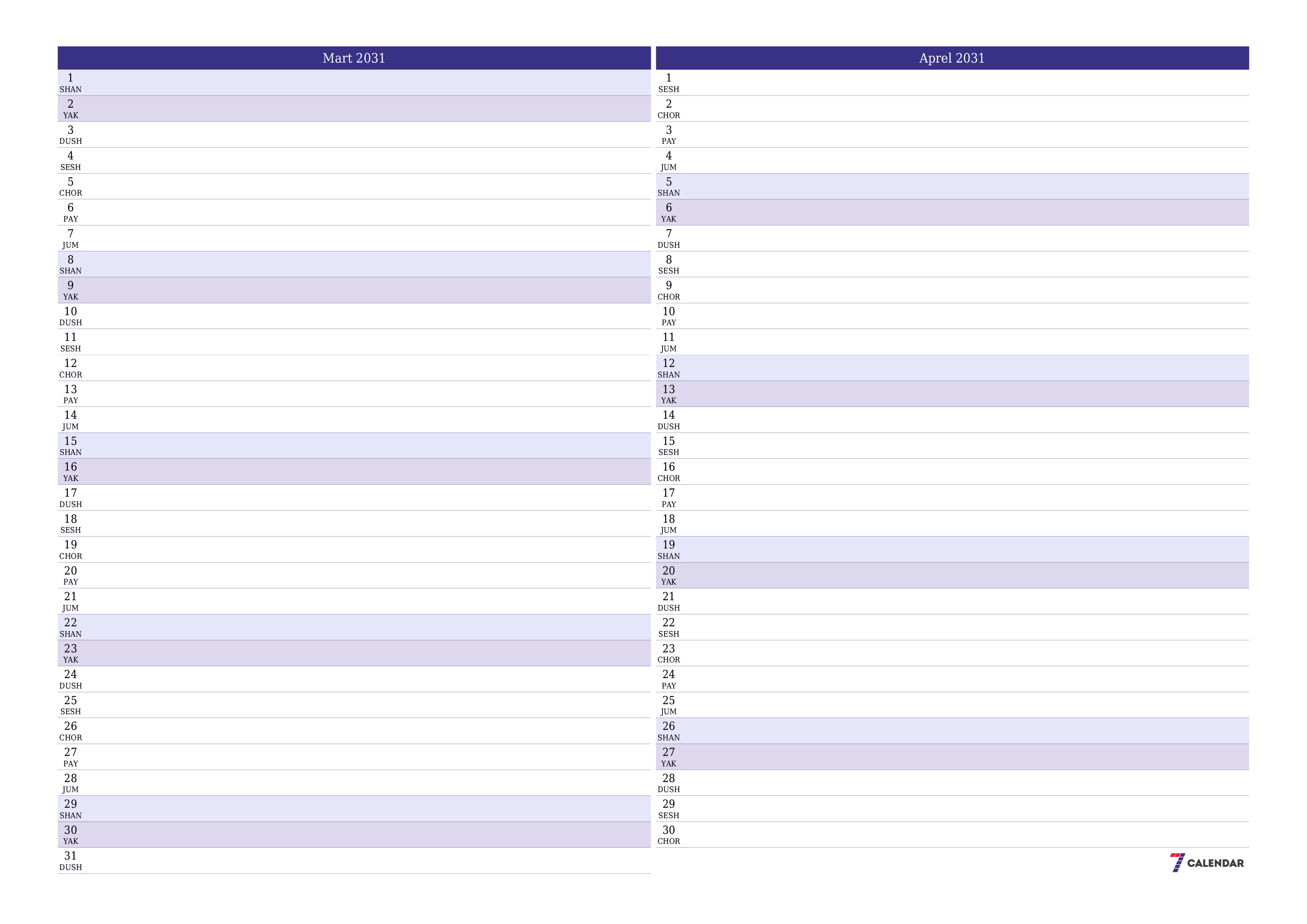 Mart 2031 oylik oylik rejalashtiruvchini yozuvlar bilan bo'shatish, saqlash va PDF-ga chop etish PNG Uzbek