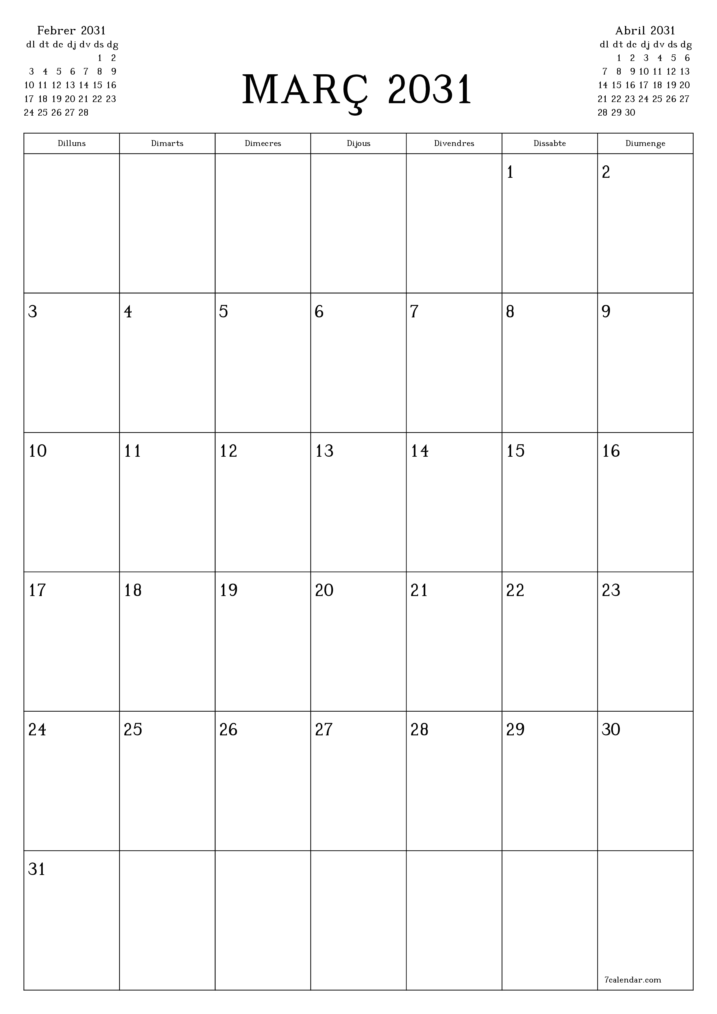  imprimible de paret plantilla de gratuïtvertical Mensual planificador calendari Març (Mar) 2031