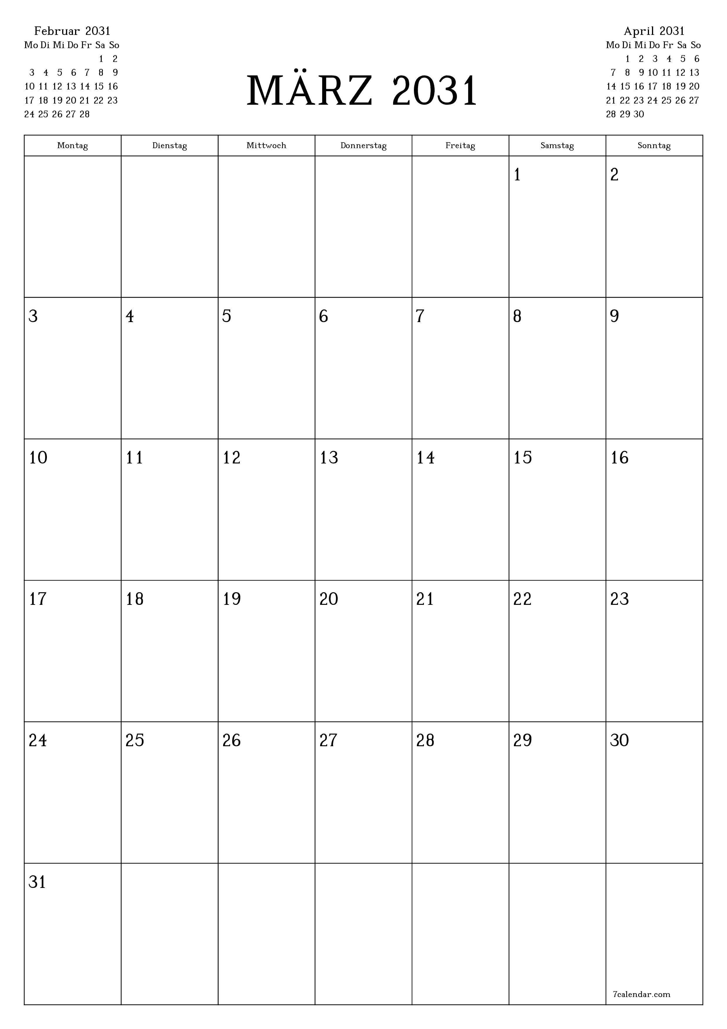  zum Ausdrucken Wandkalender vorlage kostenloser vertikal Monatlich Planer Kalender März (Mär) 2031