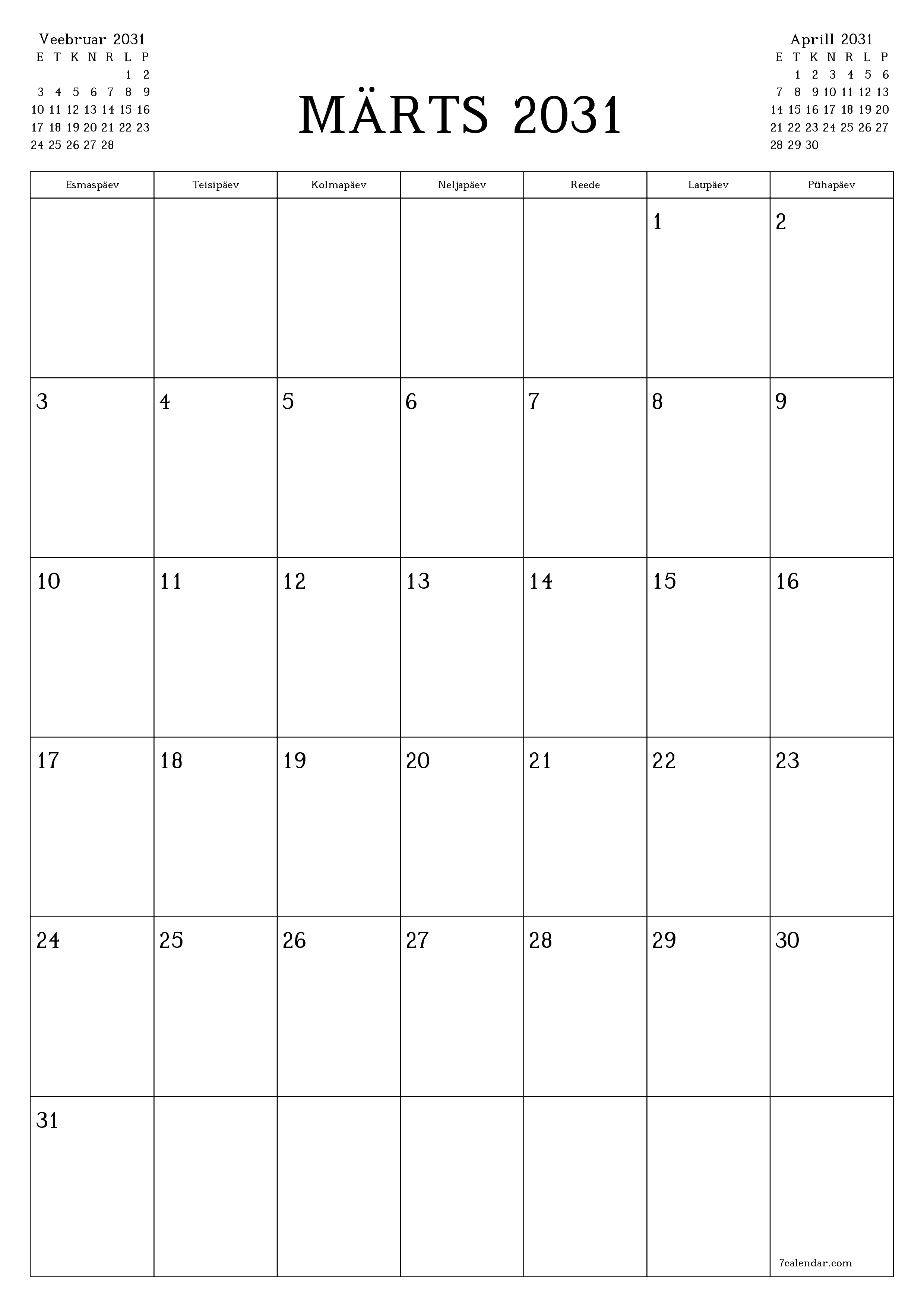 prinditav seina kalendri mall tasuta vertikaalne Igakuine planeerija kalender Märts (Märts) 2031