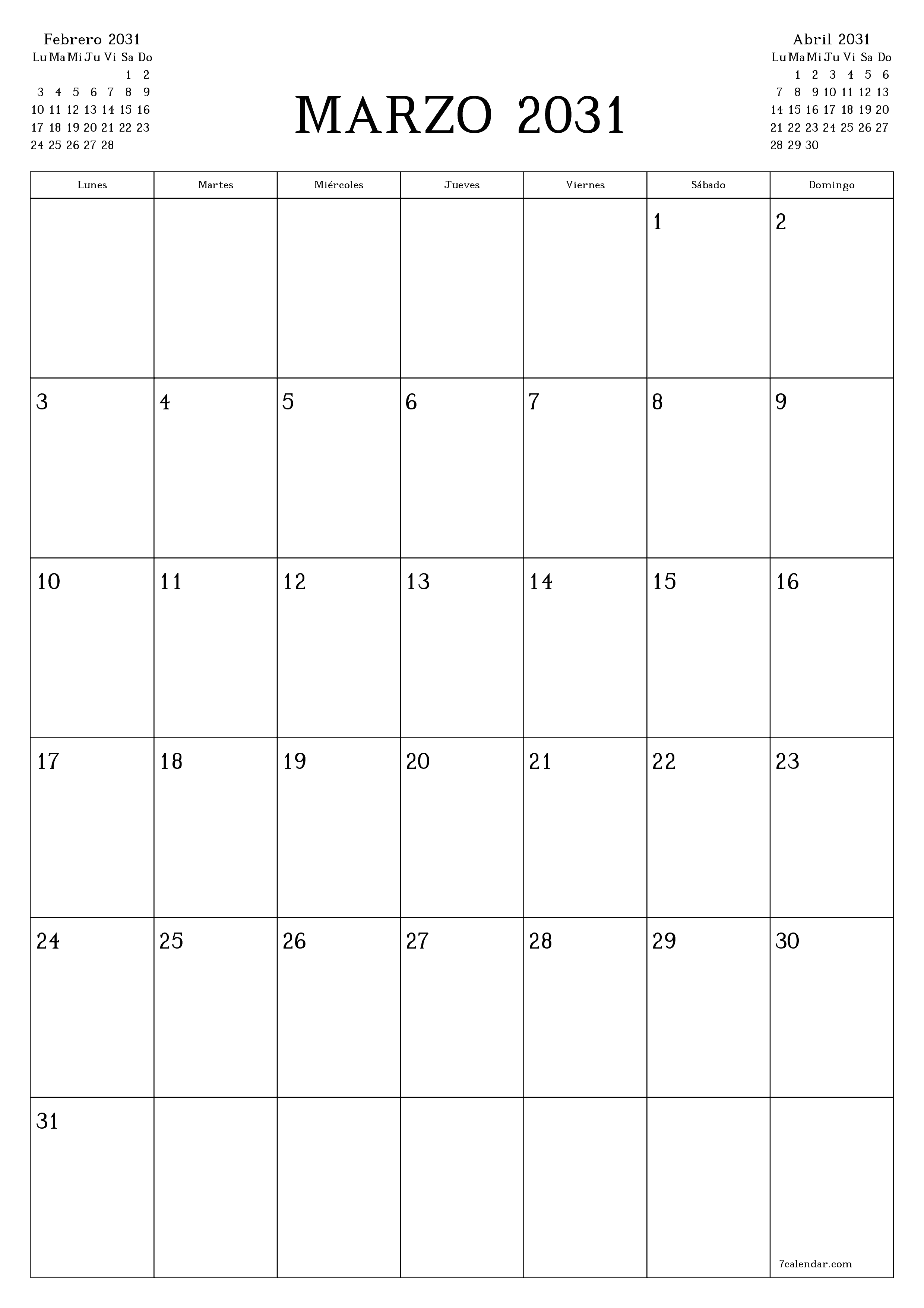  imprimible de pared plantilla de gratisvertical Mensual planificador calendario Marzo (Mar) 2031