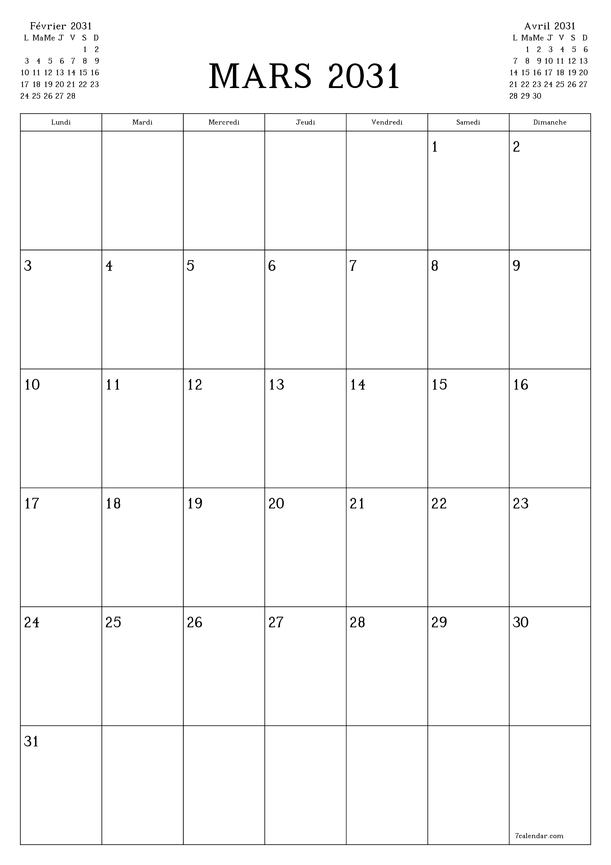 Agenda mensuel vide pour le mois Mars 2031 avec notes, enregistrez et imprimez au format PDF PNG French