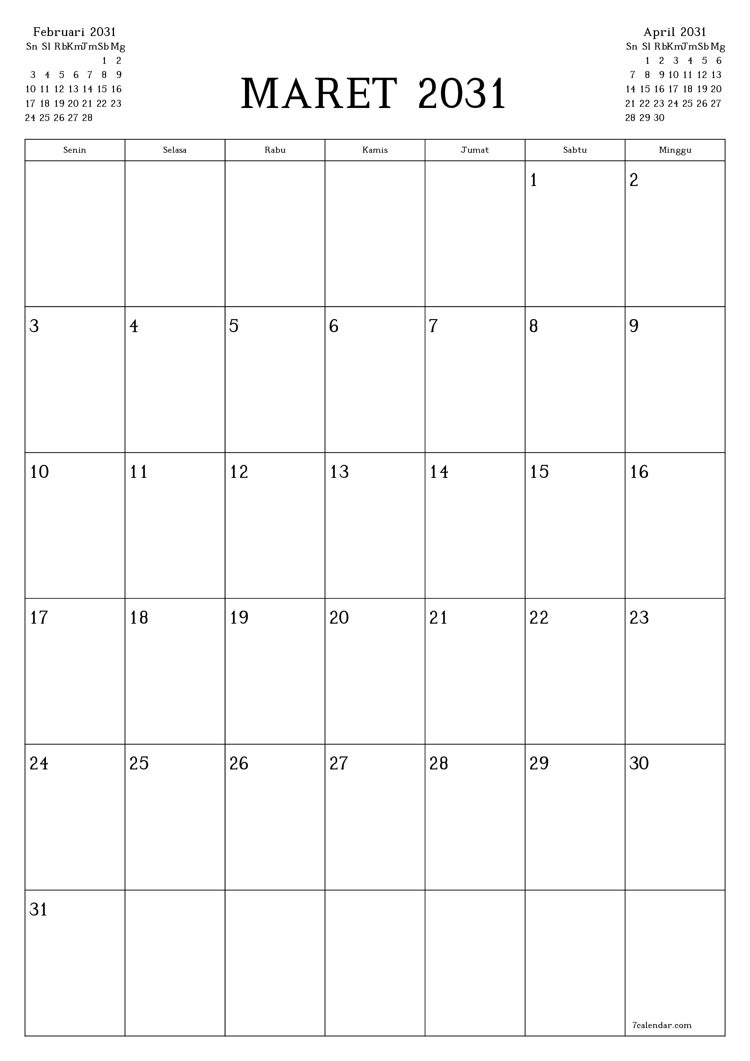  yang dapat dicetak dinding templat gratisvertikal Bulanan perencana kalender Maret (Mar) 2031