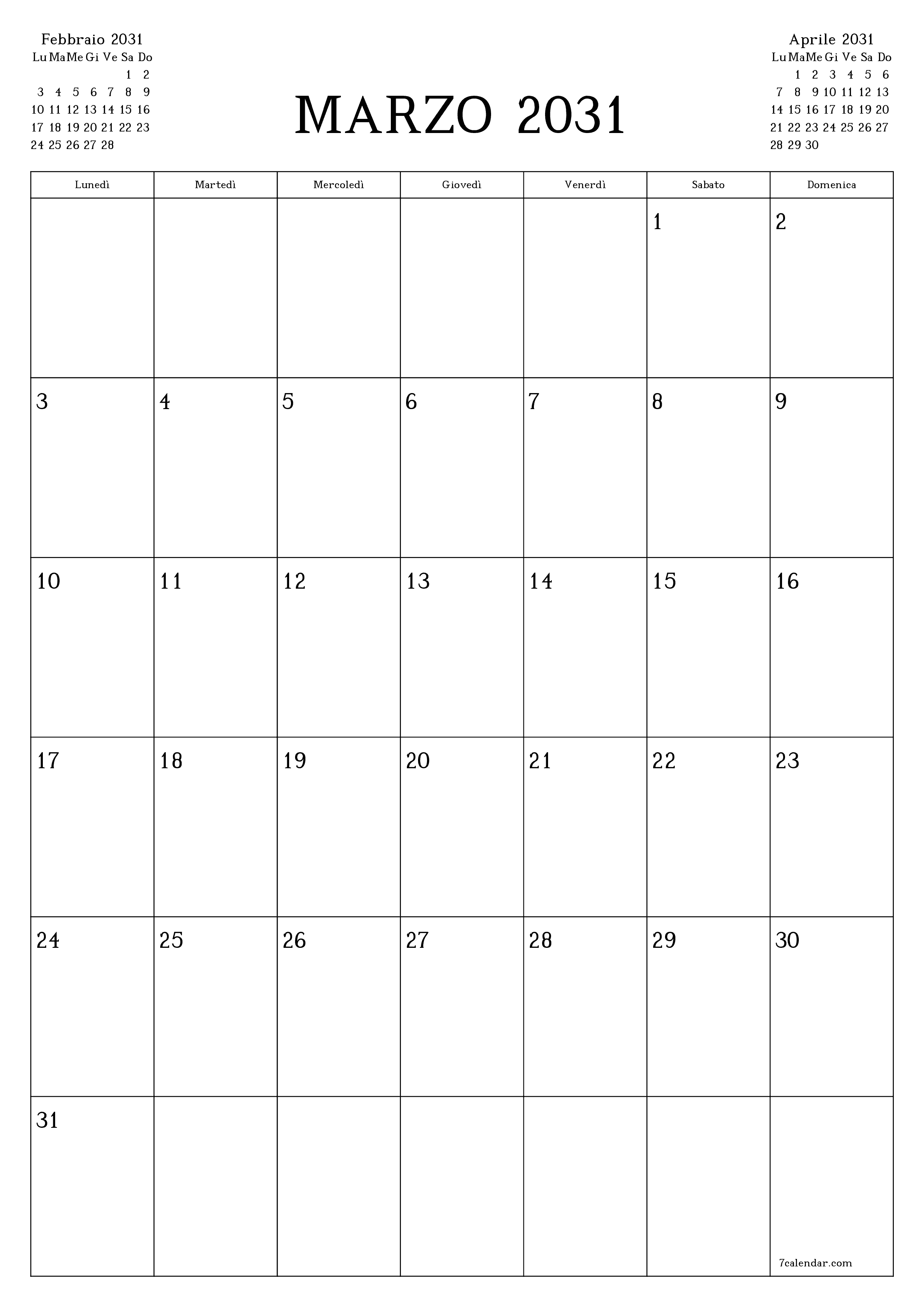  stampabile da parete modello di gratuitoverticale Mensile pianificatore calendario Marzo (Mar) 2031