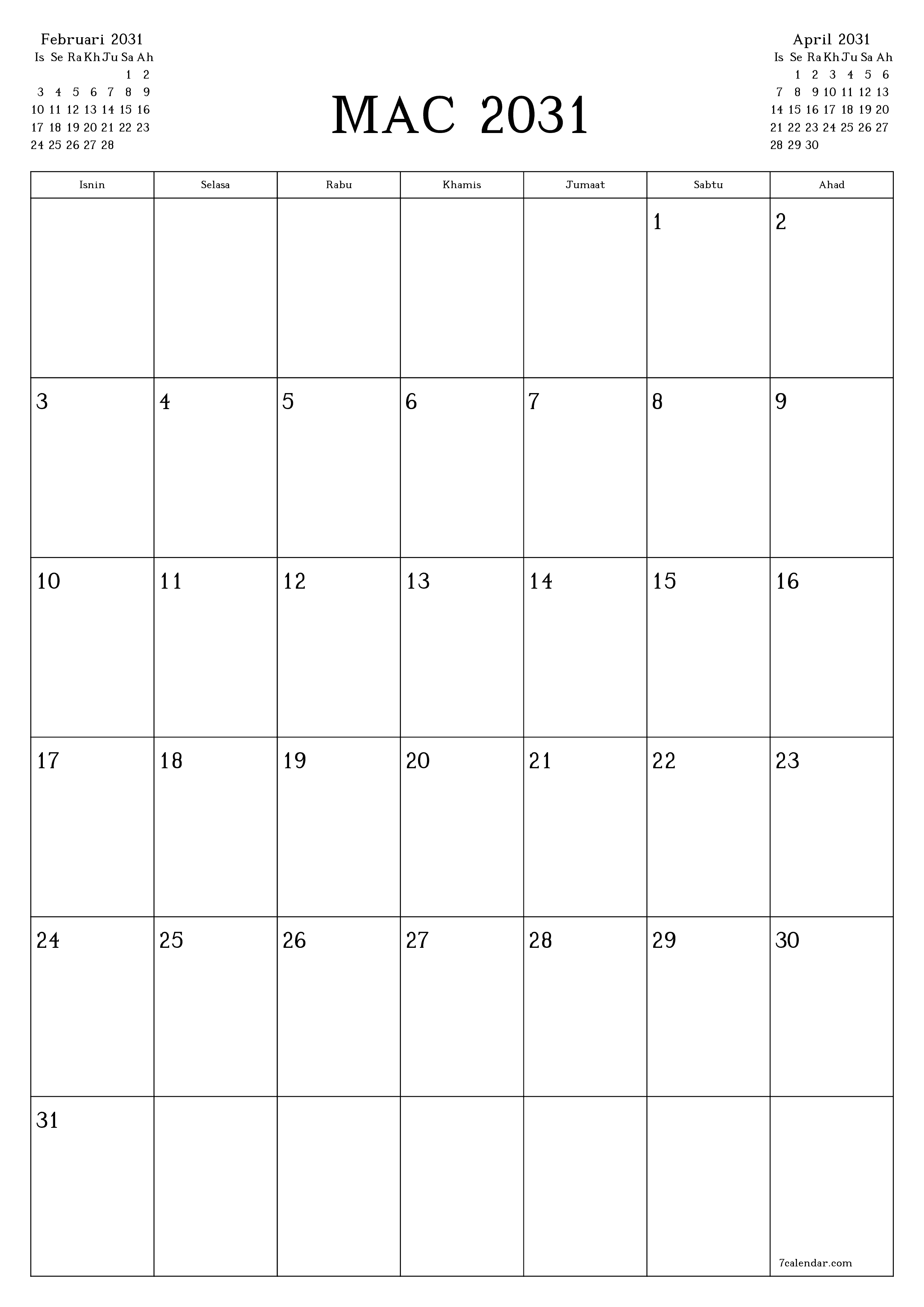  boleh cetak dinding templat percumamenegak Bulanan perancang kalendar Mac (Mar) 2031