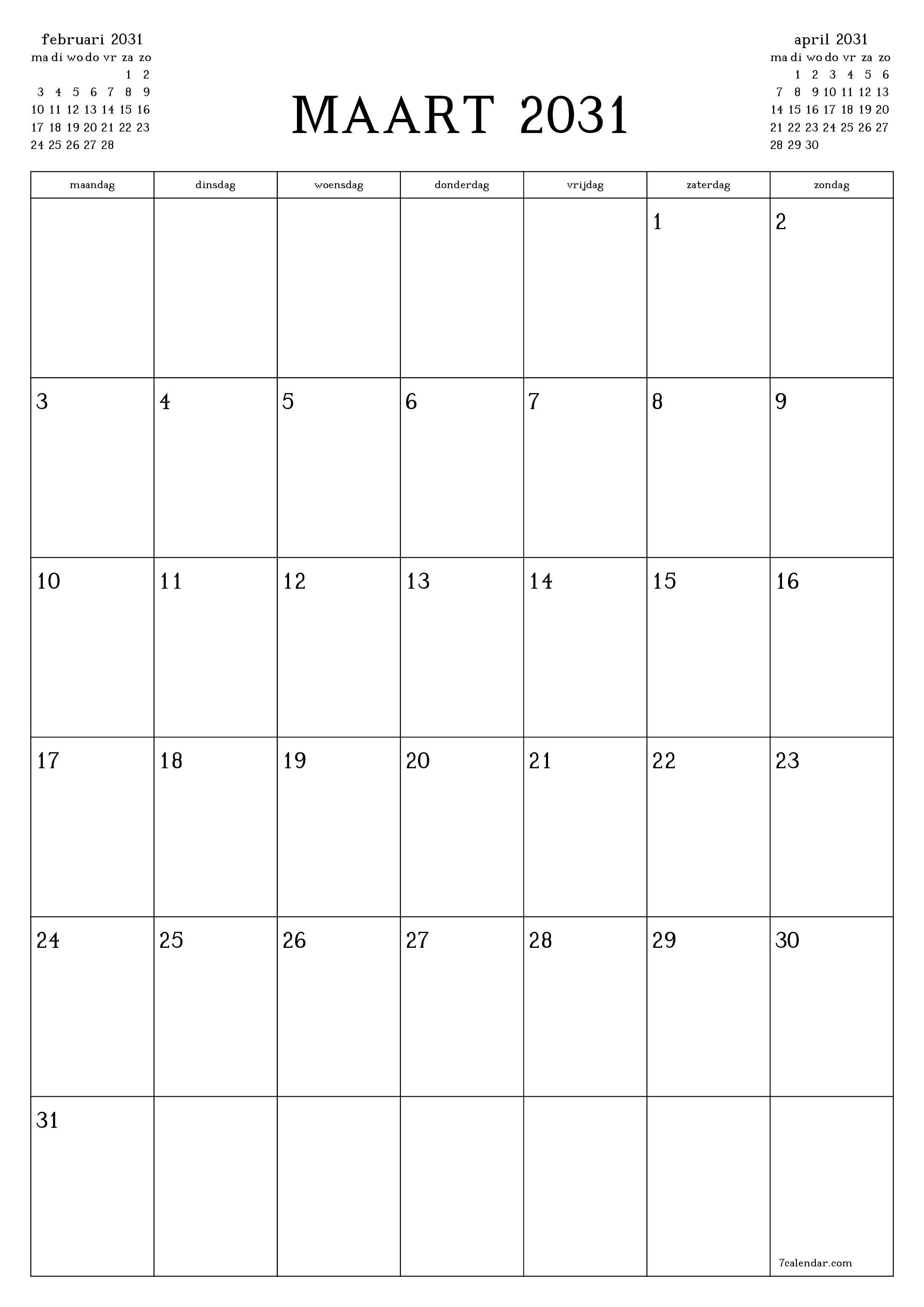 afdrukbare muur sjabloon gratis verticaal Maandelijks planner kalender maart (mrt) 2031