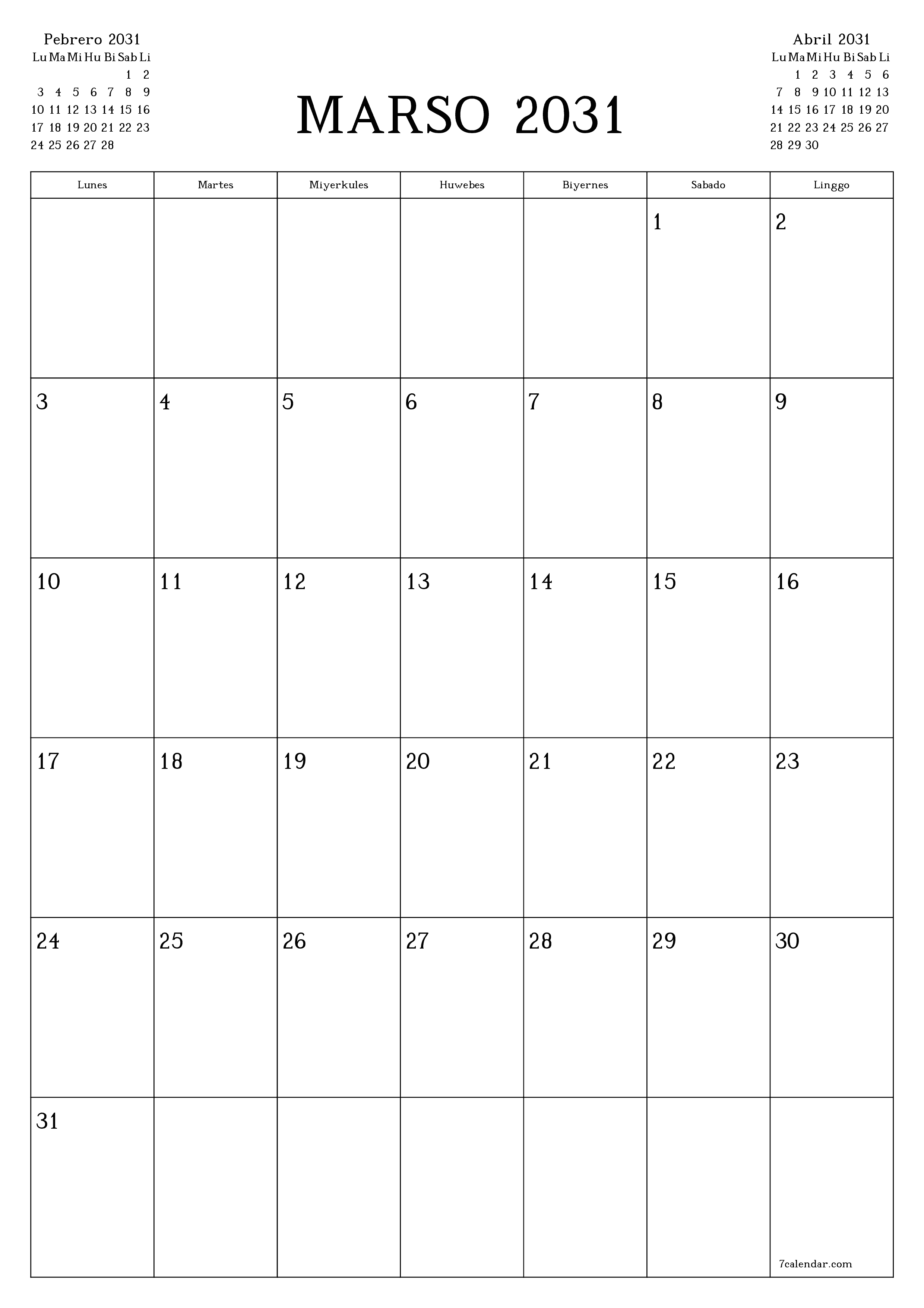 napi-print na sa dingding template ng libreng patayo Buwanang tagaplano kalendaryo Marso (Mar) 2031