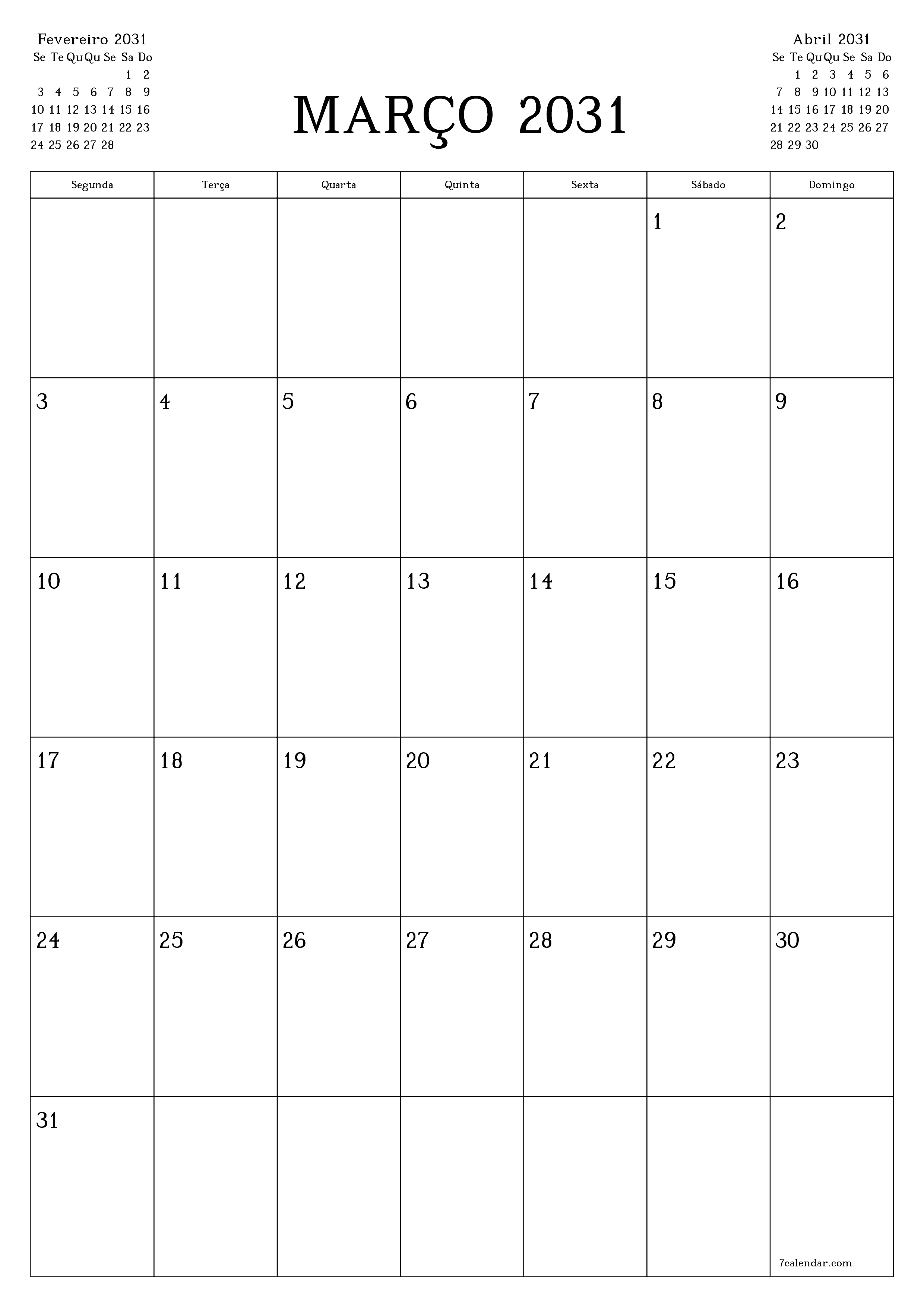  para impressão de parede modelo de grátisvertical Mensal planejador calendário Março (Mar) 2031