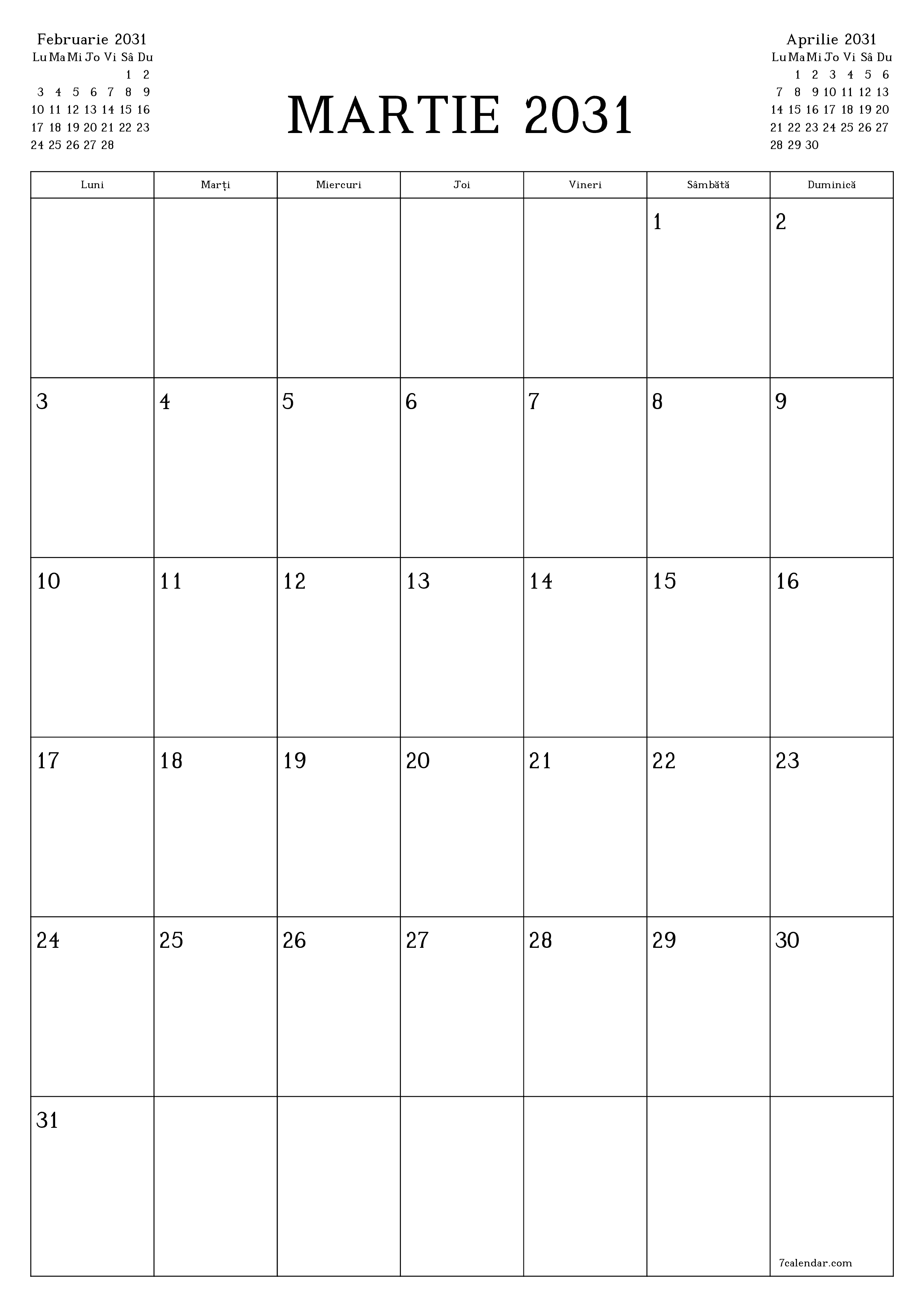 imprimabil de perete șablon de gratuitvertical Lunar planificator calendar Martie (Mar) 2031