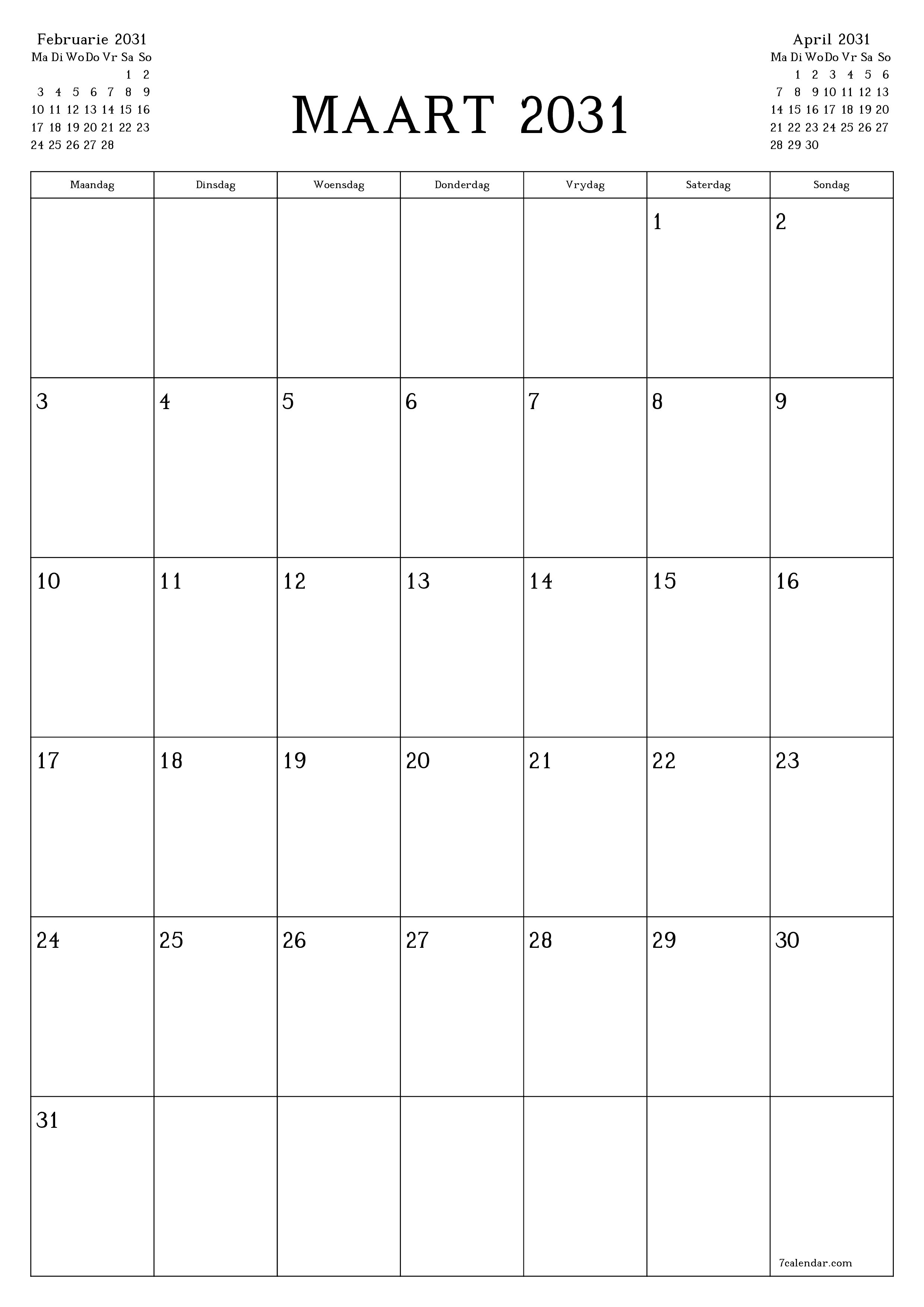 drukbare muur template gratis vertikaal Maandeliks beplanner kalender Maart (Mar) 2031