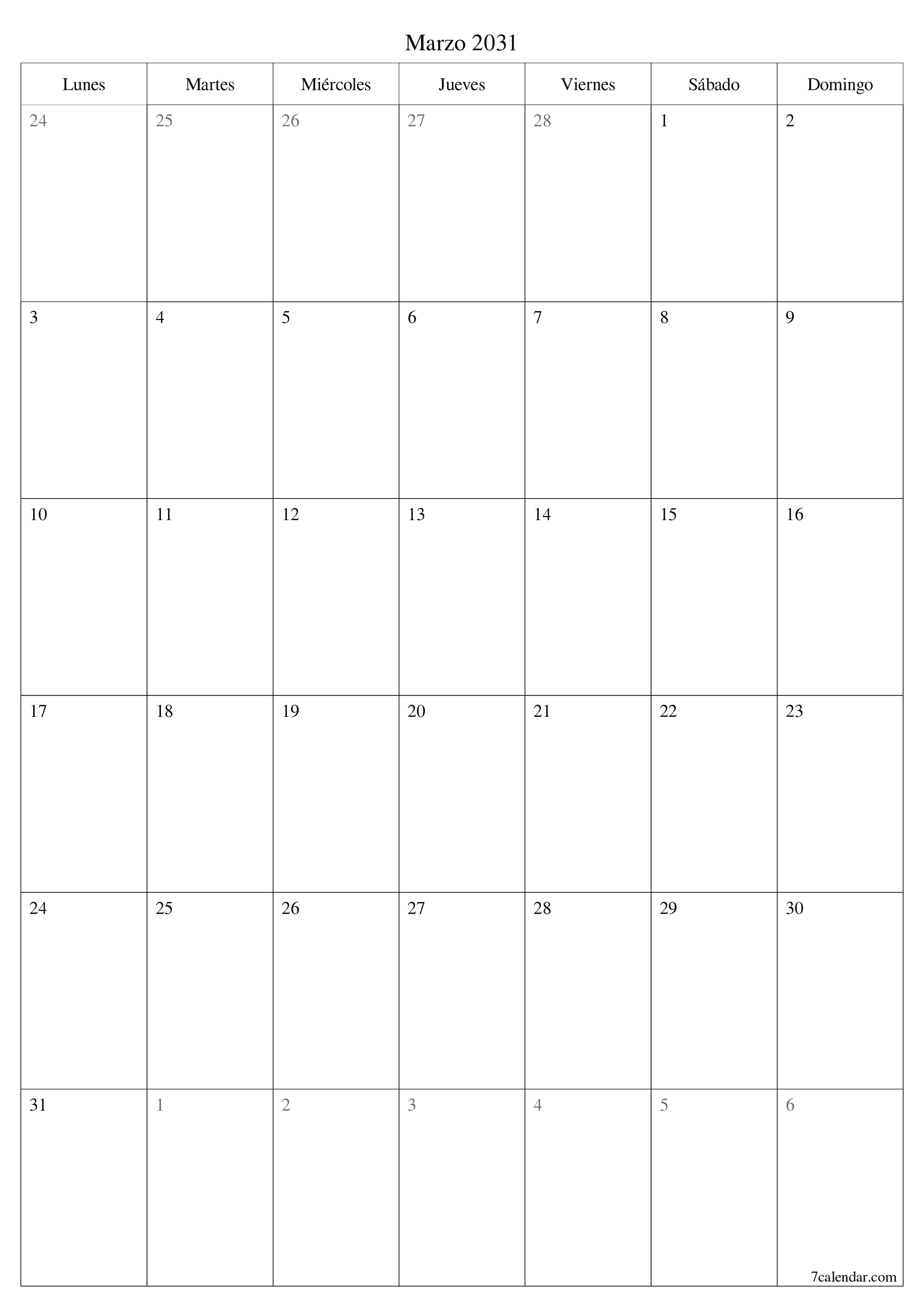  imprimible de pared plantilla de gratisvertical Mensual planificador calendario Marzo (Mar) 2031