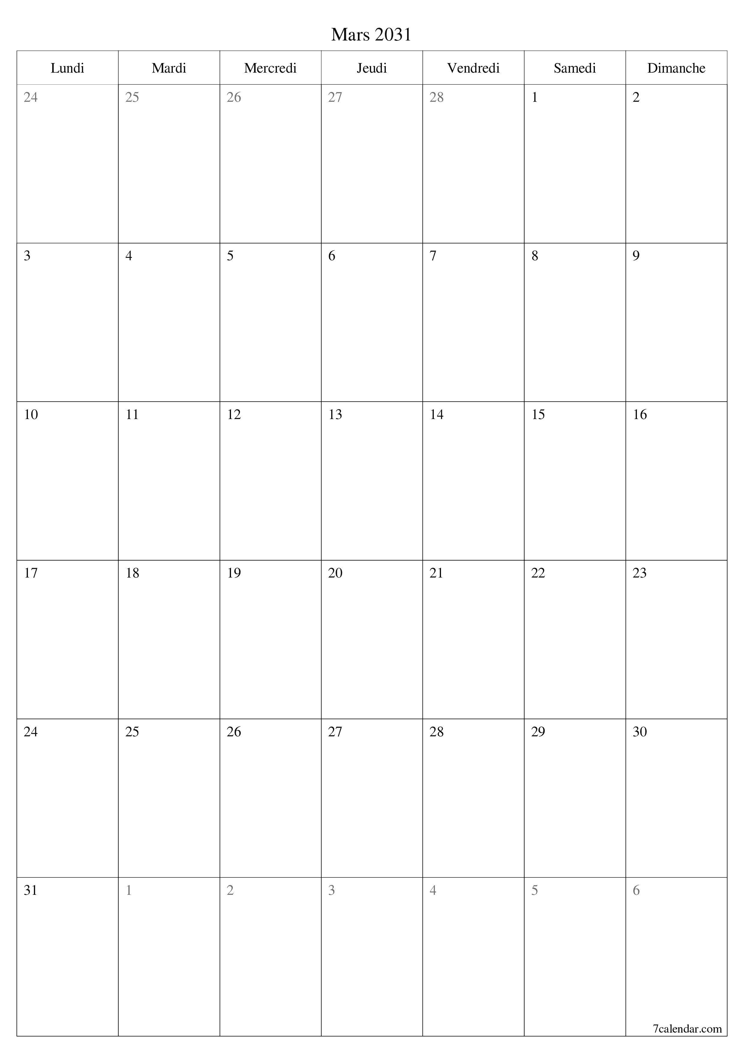  imprimable mural modèle de gratuitverticale Mensuel planificateur calendrier Mars (Mar) 2031