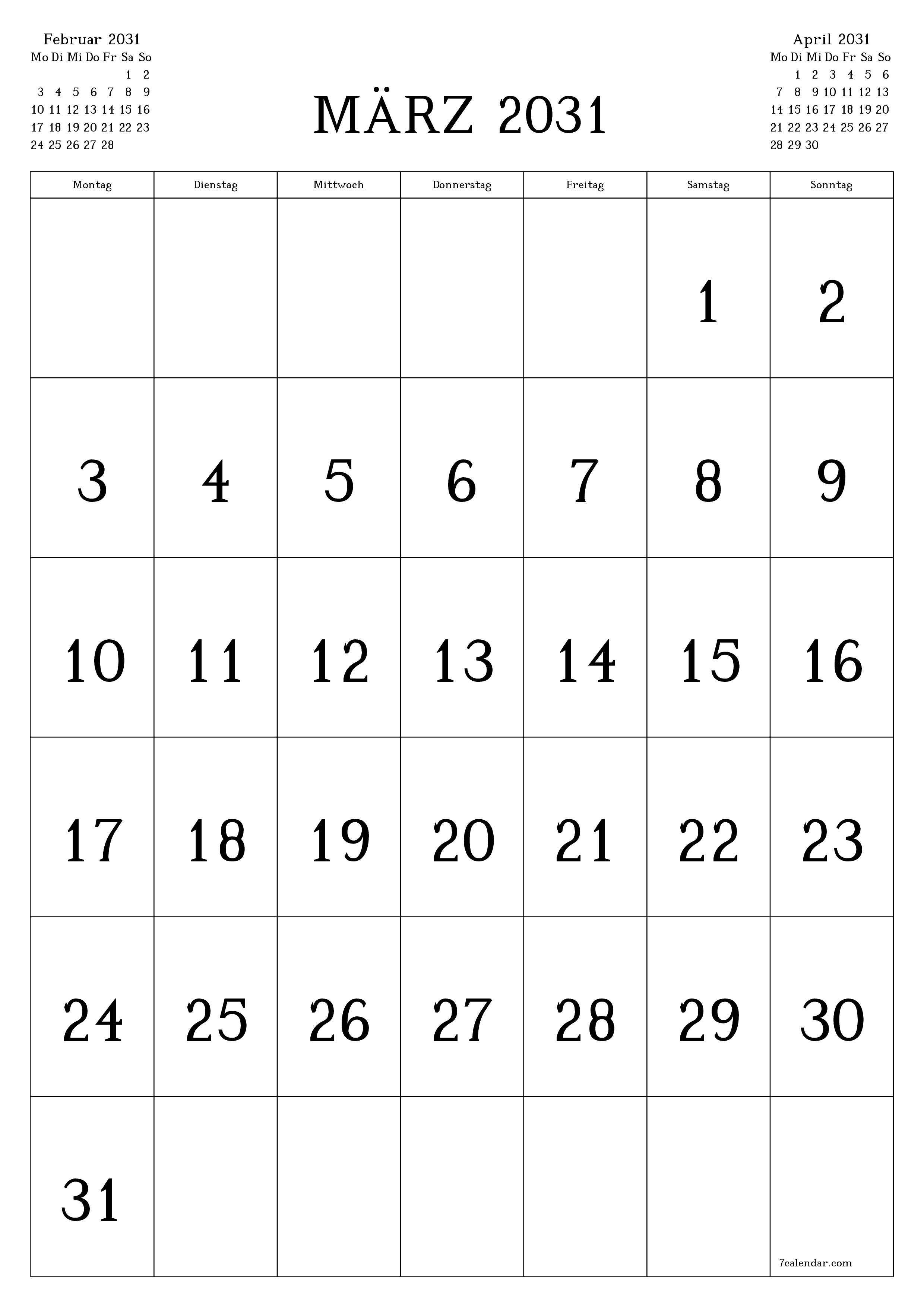  zum Ausdrucken Wandkalender vorlage kostenloser vertikal Monatlich Kalender März (Mär) 2031
