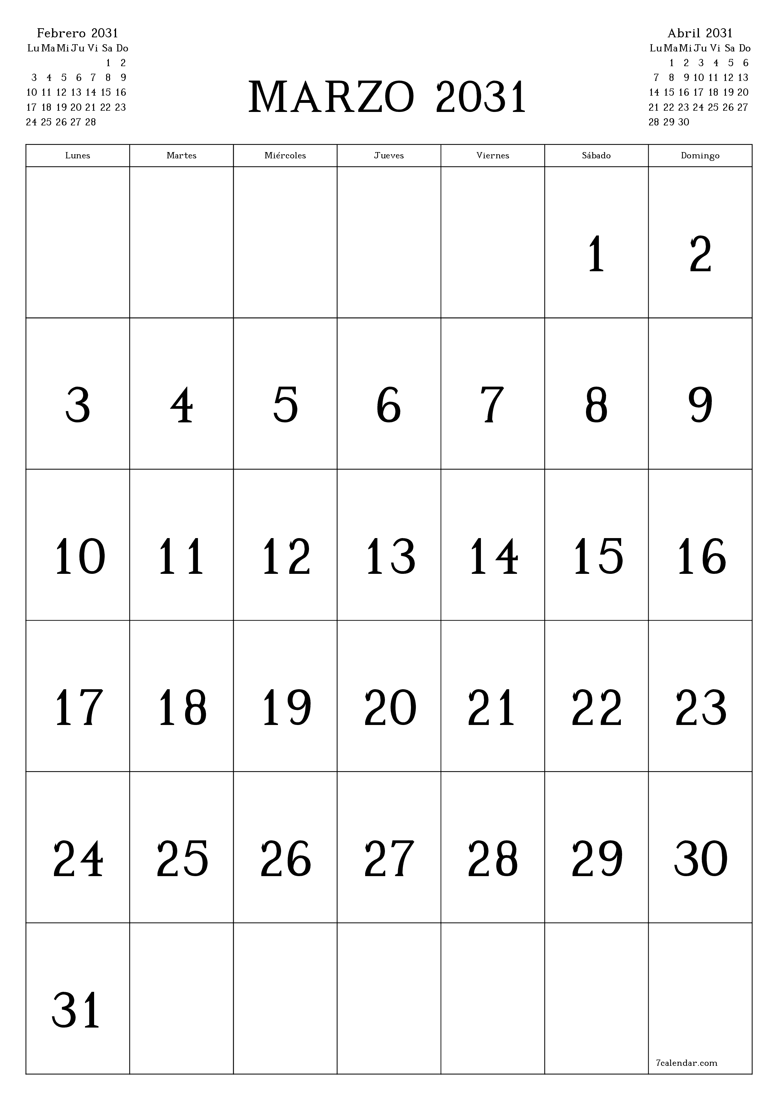 imprimible de pared plantilla de gratisvertical Mensual calendario Marzo (Mar) 2031