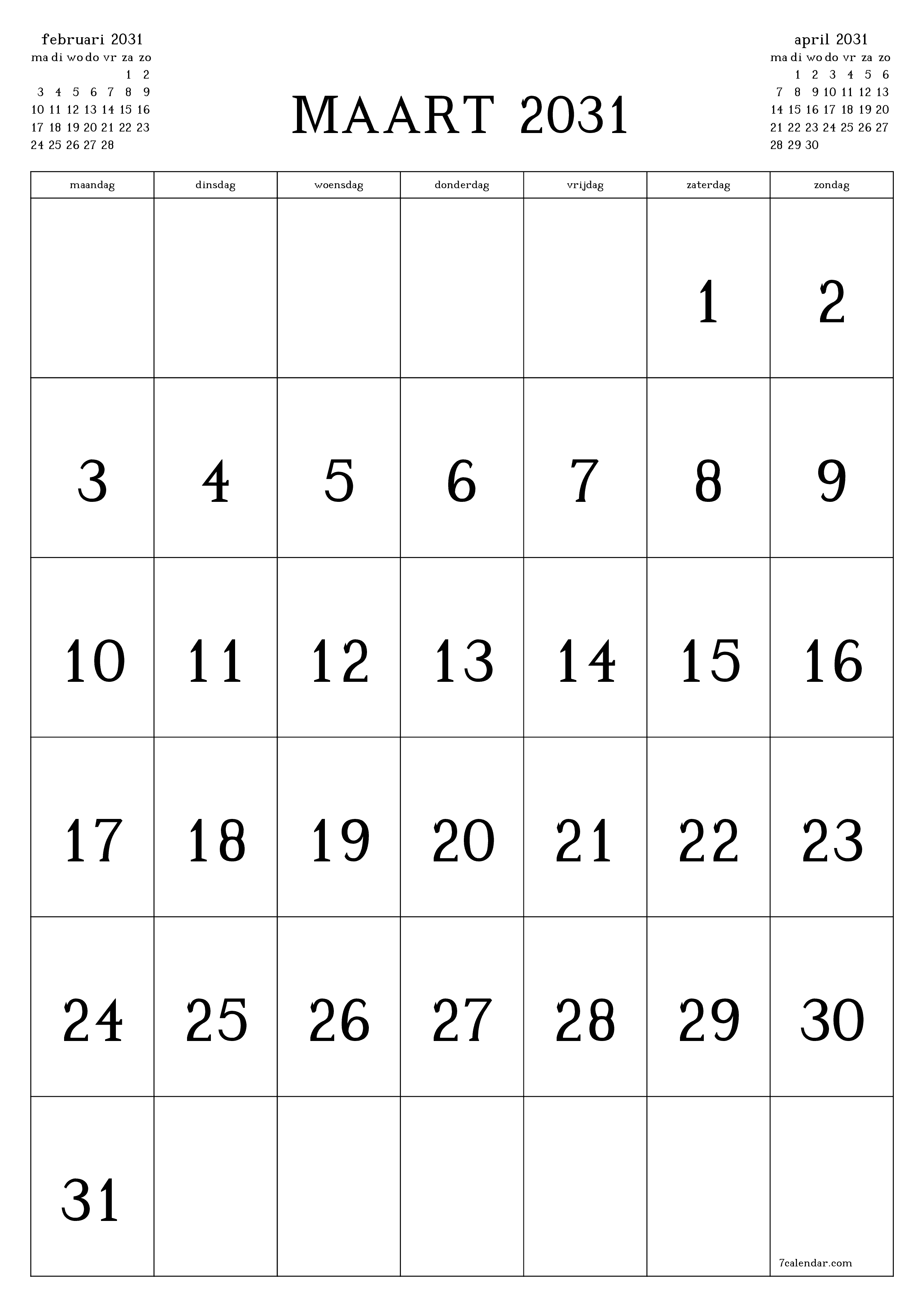 afdrukbare muur sjabloon gratis verticaal Maandelijks kalender maart (mrt) 2031