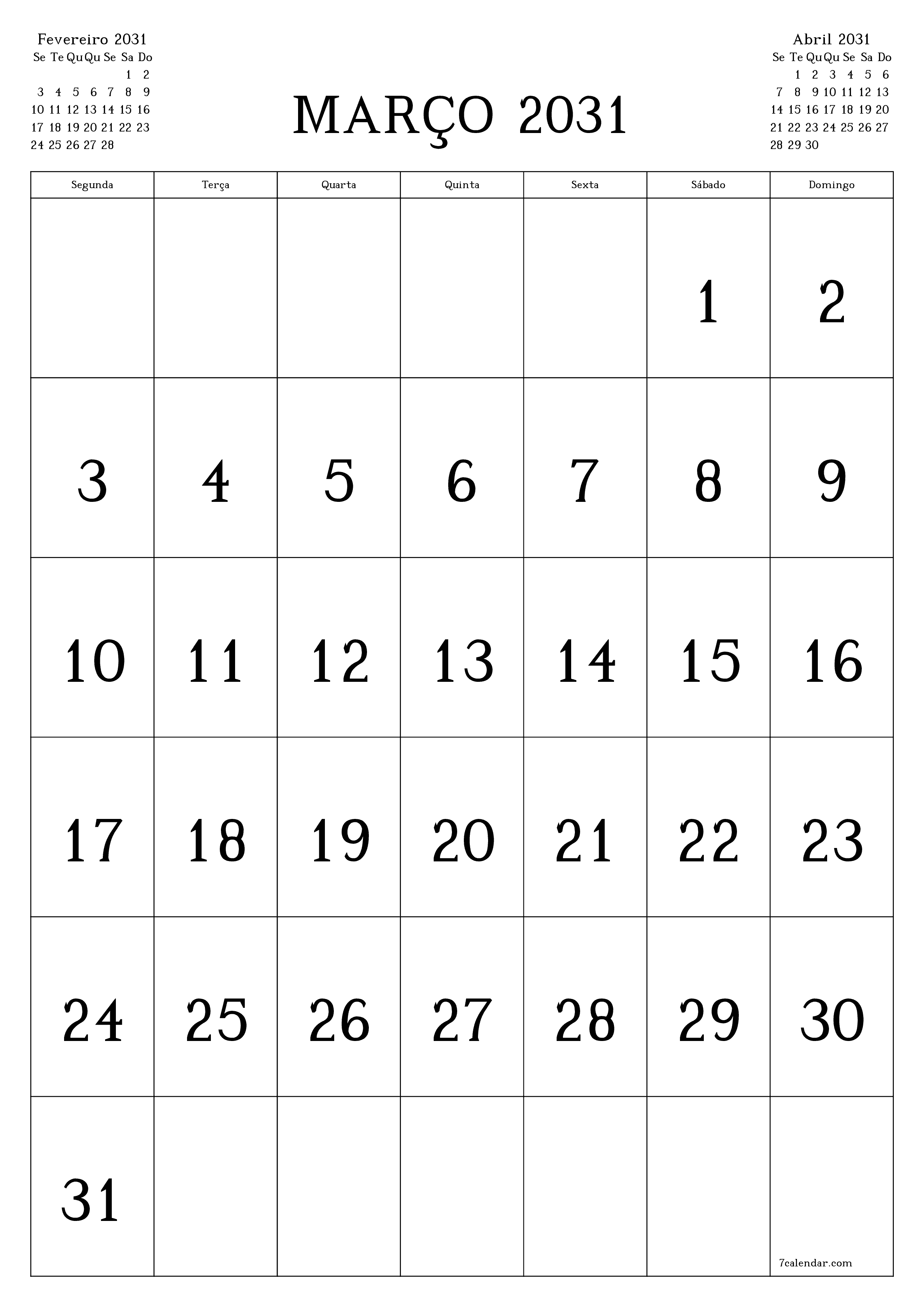  para impressão de parede modelo de grátisvertical Mensal calendário Março (Mar) 2031