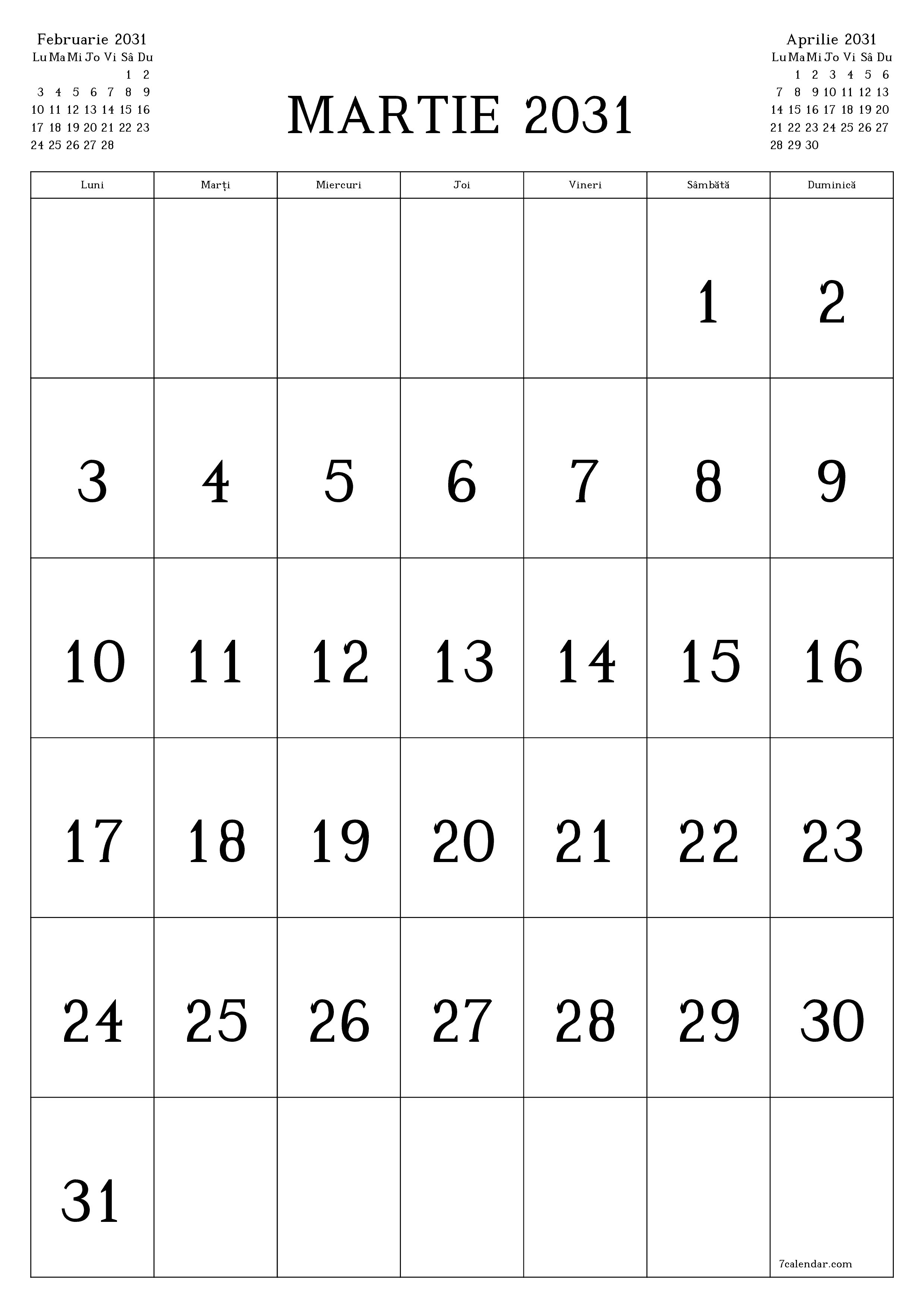  imprimabil de perete șablon de gratuitvertical Lunar calendar Martie (Mar) 2031