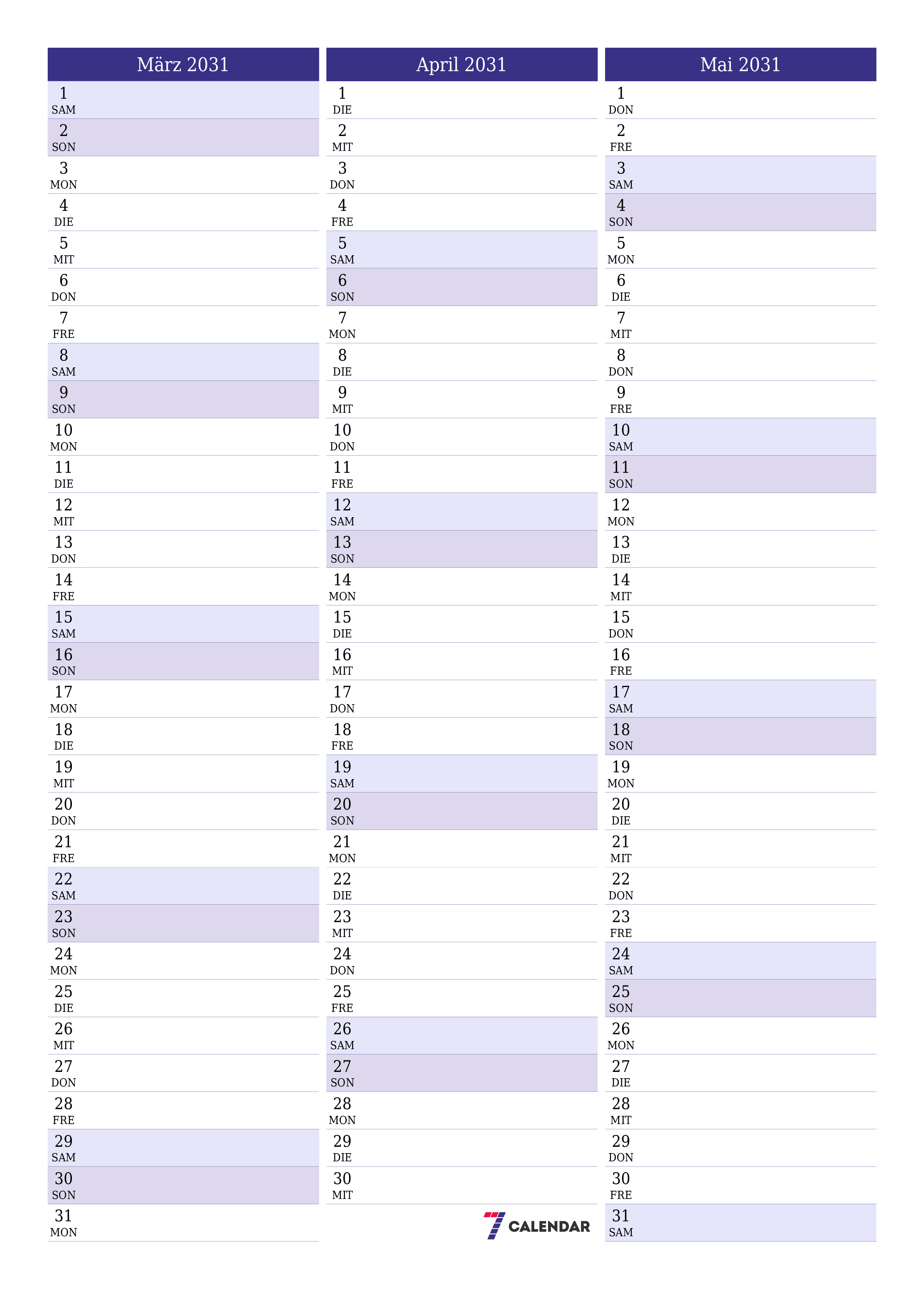  zum Ausdrucken Wandkalender vorlage kostenloser vertikal Monatlich Planer Kalender März (Mär) 2031