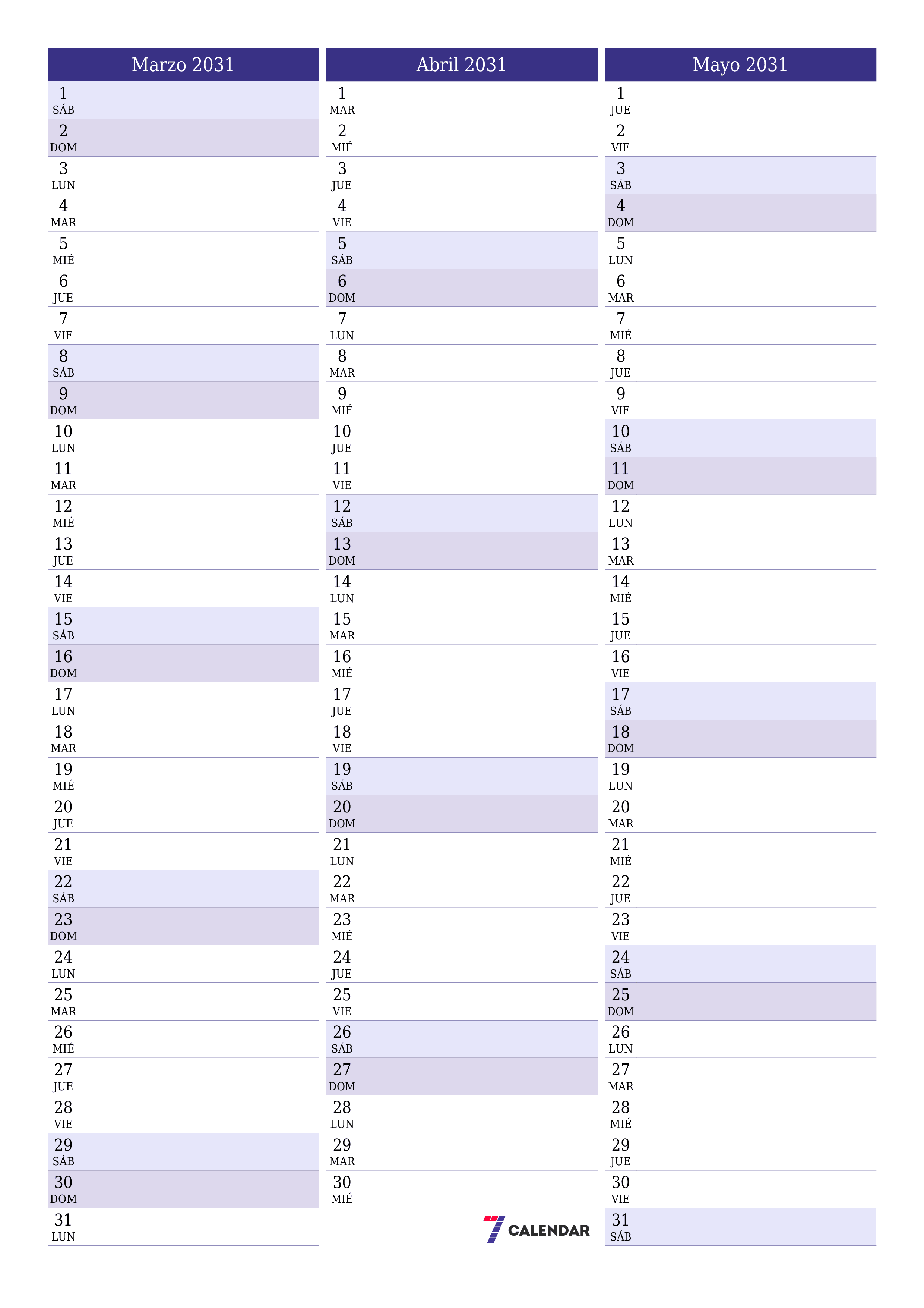  imprimible de pared plantilla de gratisvertical Mensual planificador calendario Marzo (Mar) 2031