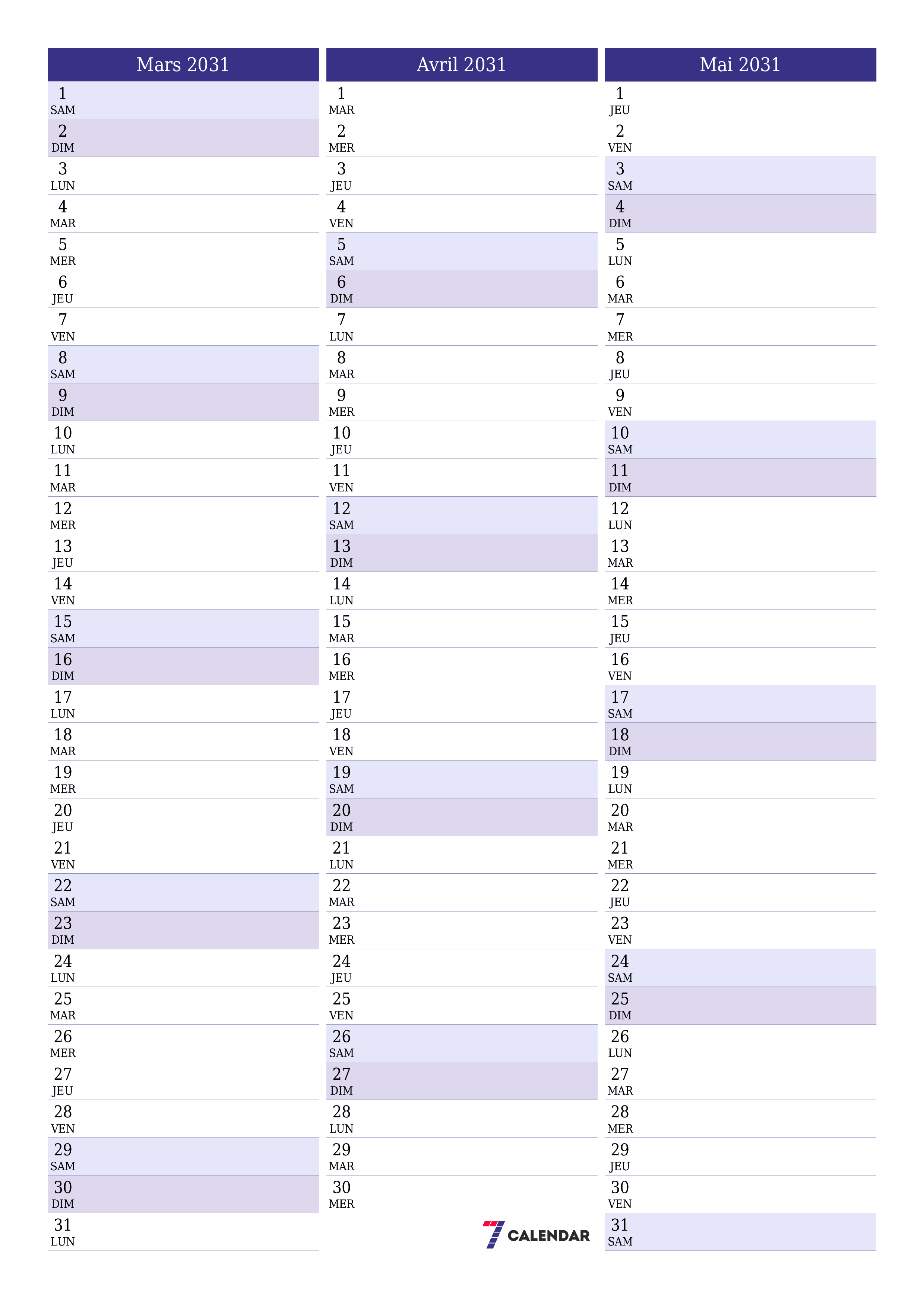  imprimable mural modèle de gratuitverticale Mensuel planificateur calendrier Mars (Mar) 2031