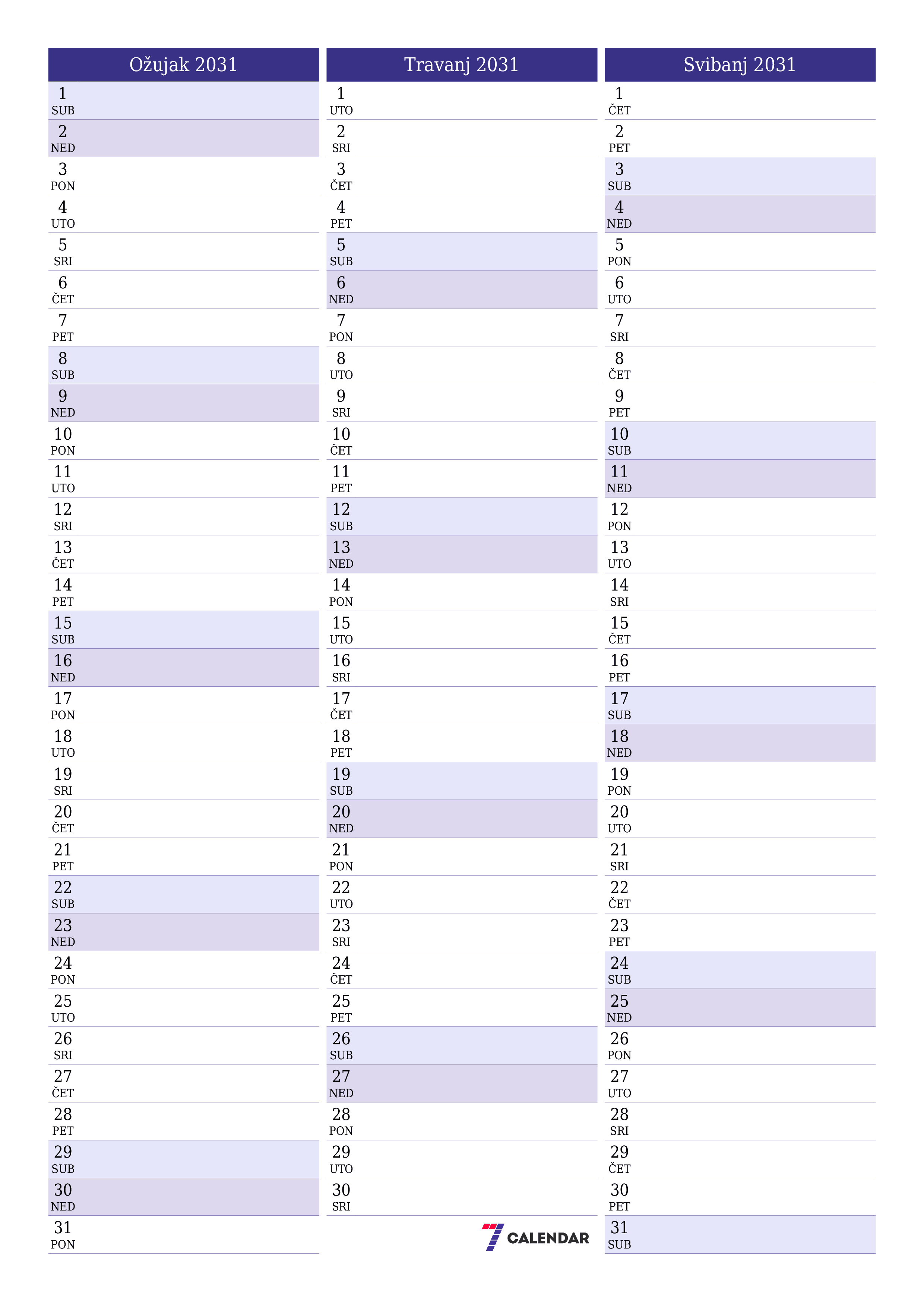  za ispis zidni predložak a besplatni okomito Mjesečni planer kalendar Ožujak (Ožu) 2031